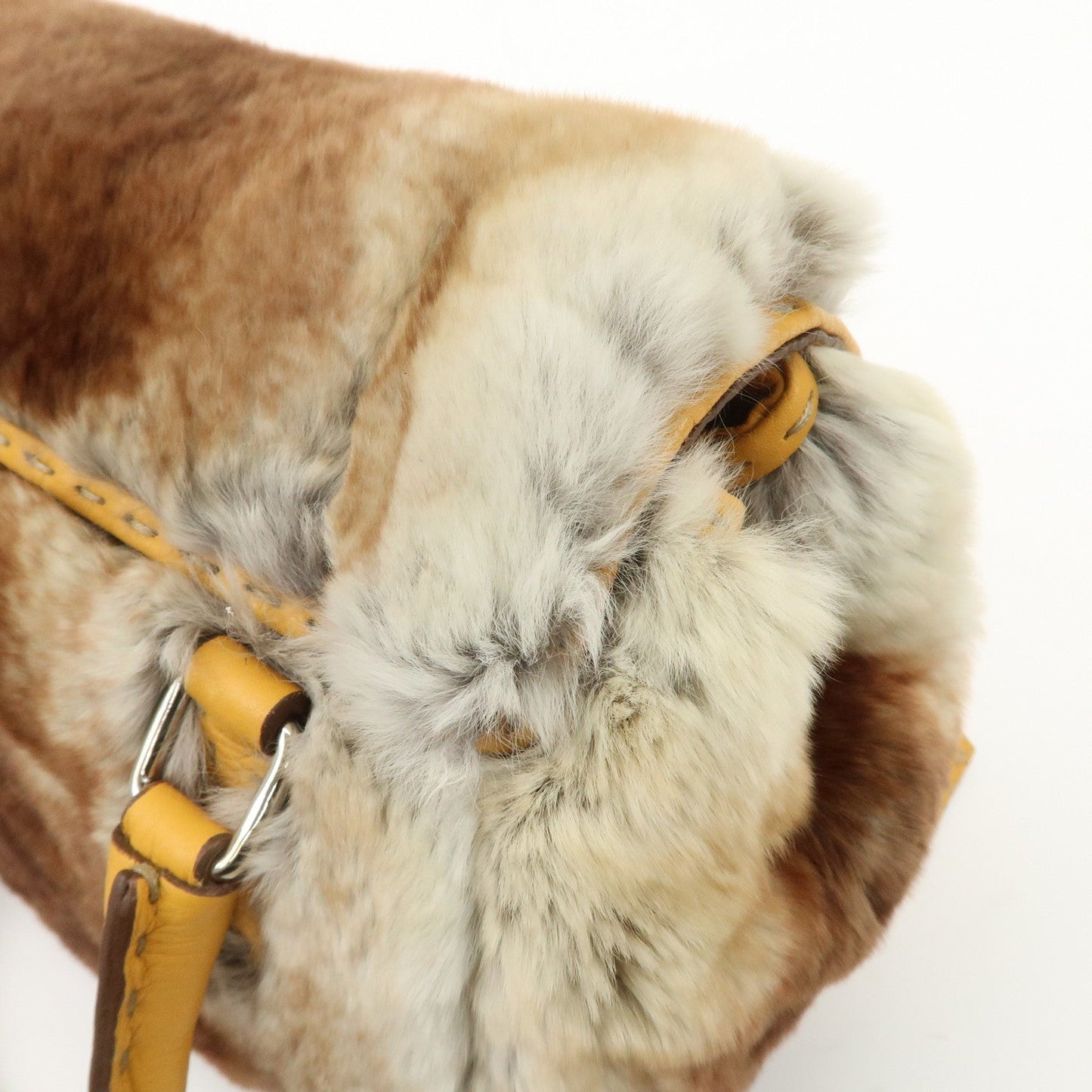 FENDI Seleria Leather Fur Mini Linda Hand Bag Brown White 8BR486