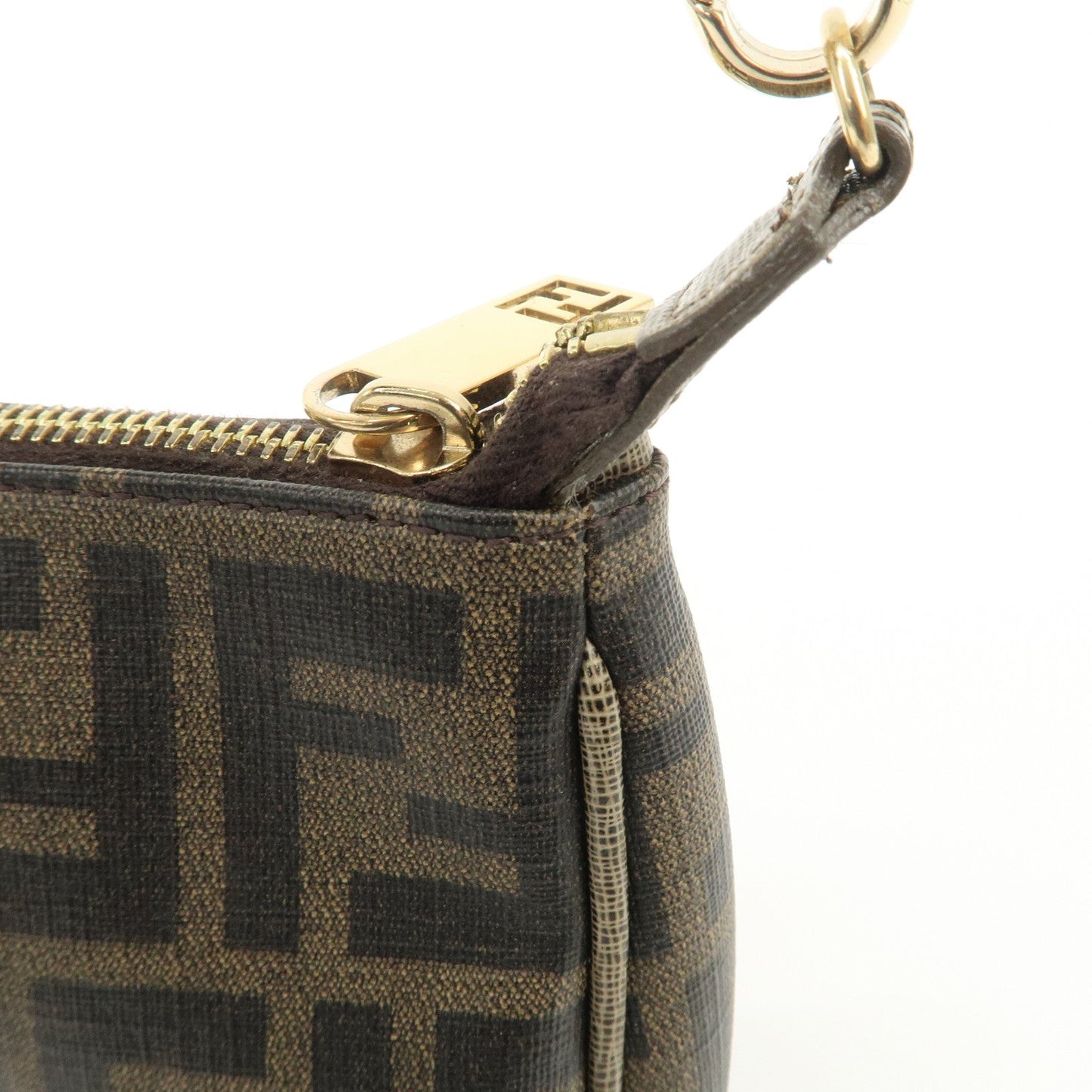 FENDI Zucca PVC Leather Chain Accessory Pouch Hand Bag Brown 8M0264