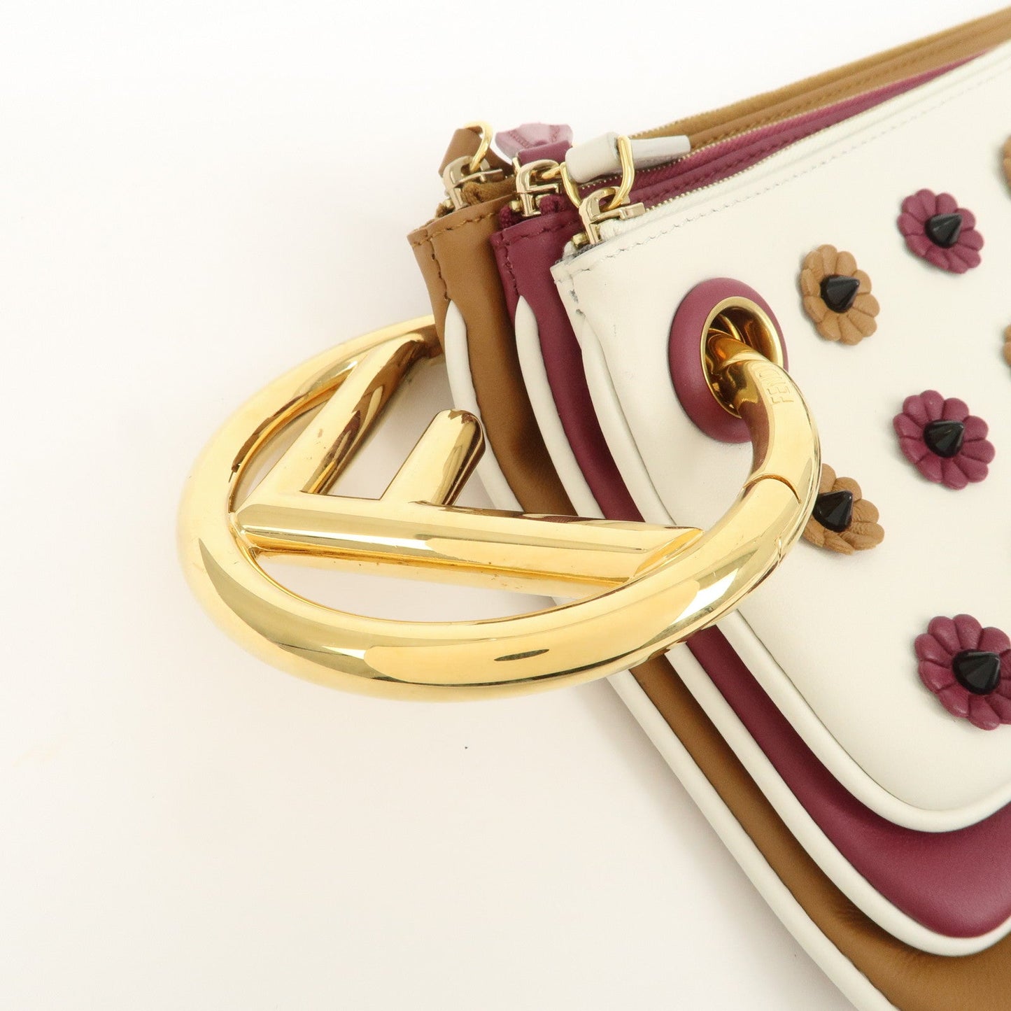 FENDI Leather Flower Studs Triplet Pouch Hand Bag 8BS001