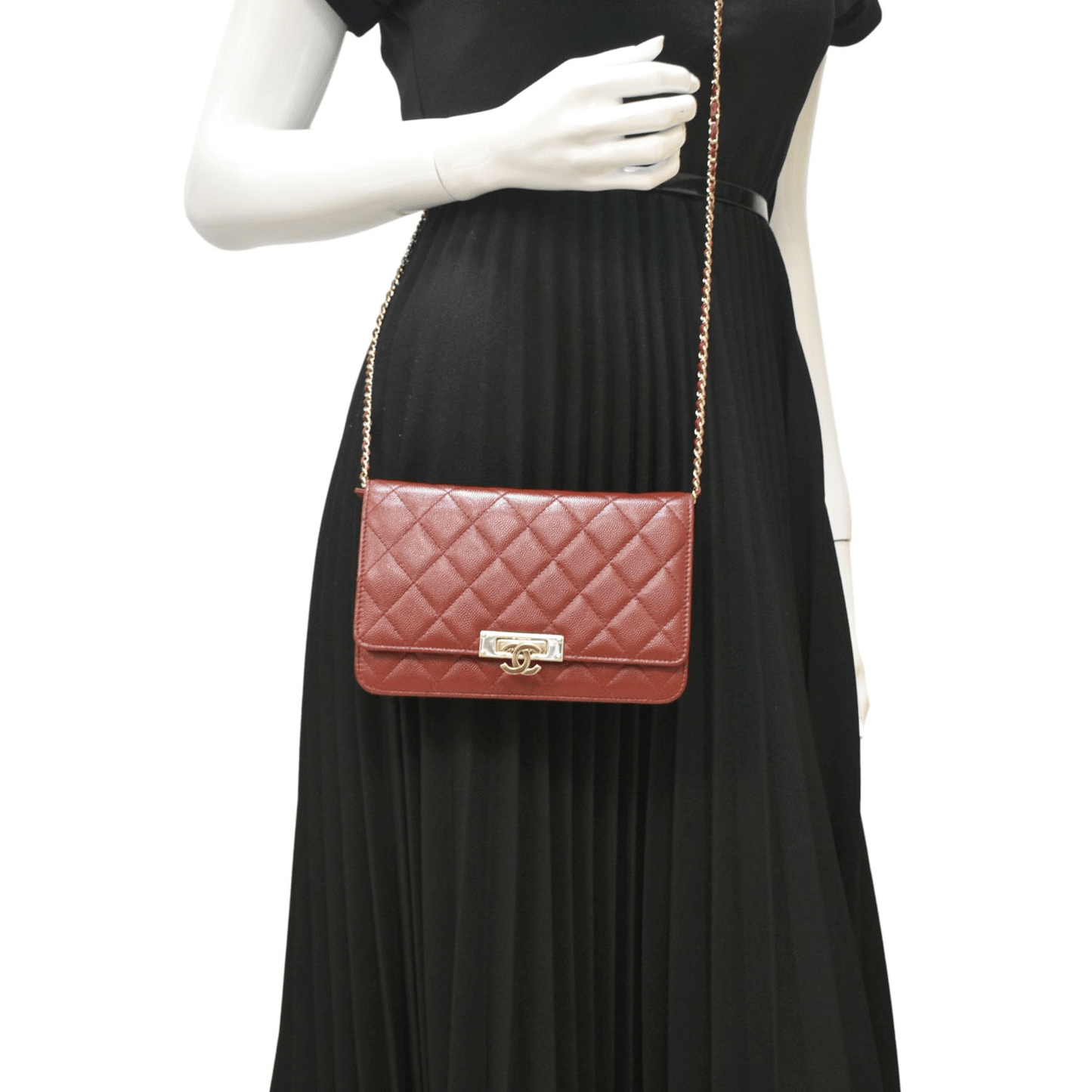 CHANEL Golden Class Quilted Caviar Leather Wallet on Chain Bag Maroon