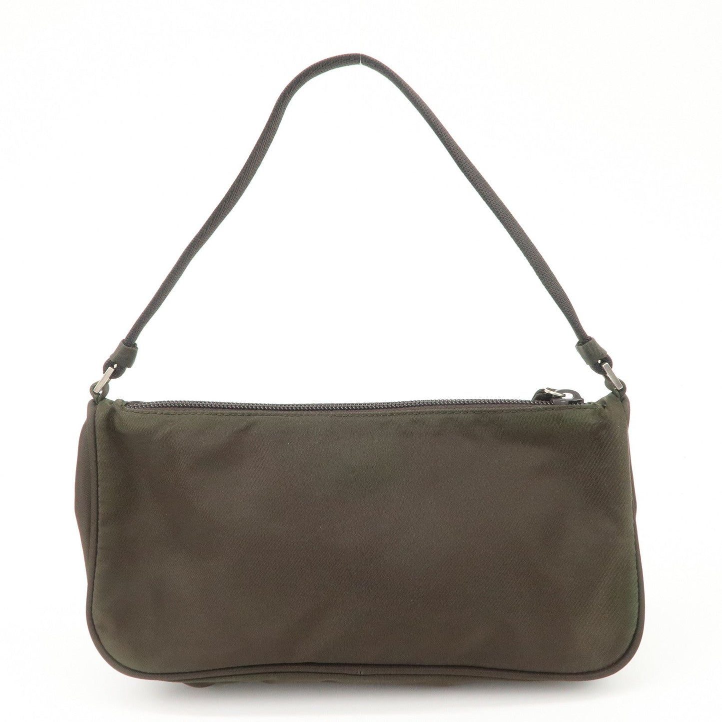 PRADA Triangle Logo Nylon Leather Accessory Pouch Hand Bag Khaki Silver HDW