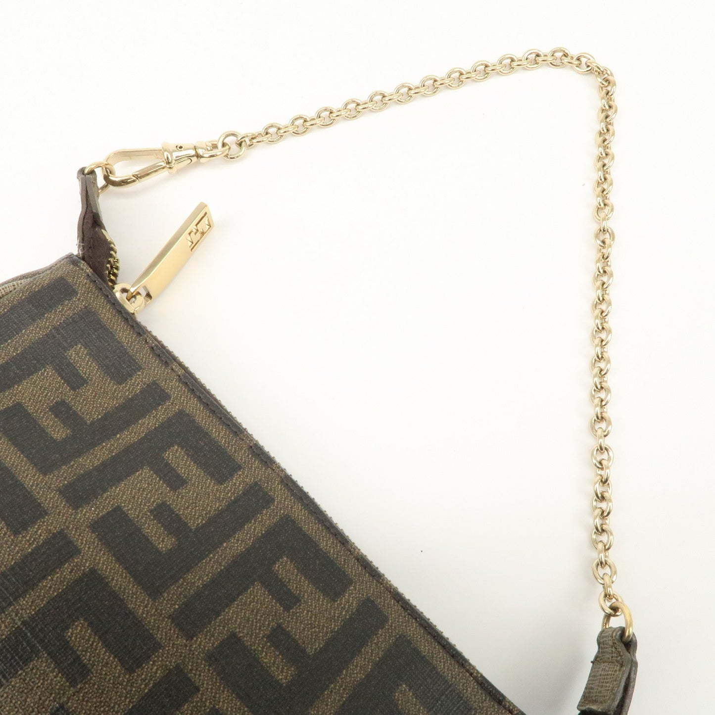 FENDI Zucca PVC Leather Chain Accessory Pouch Hand Bag Brown 8M0264