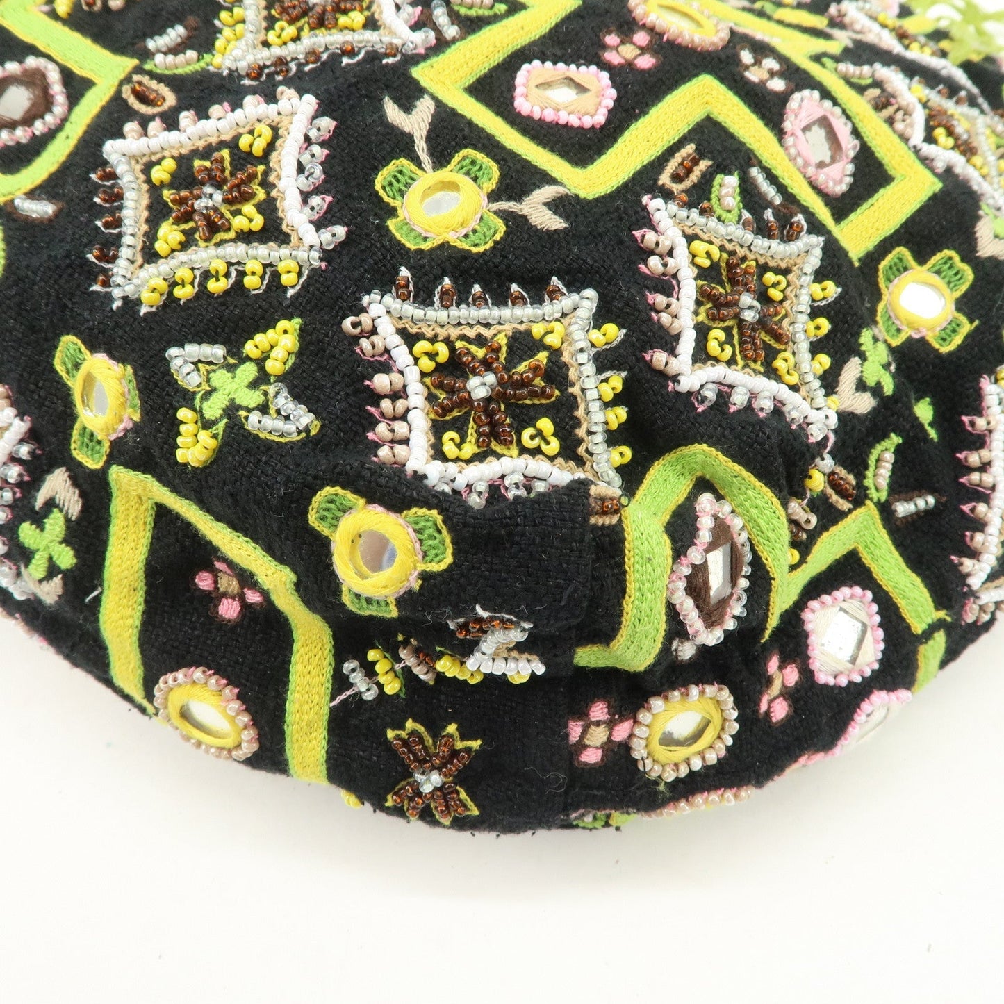 FENDI Canvas Leather Beaded Embroidery Tote Bag Hand Bag Black