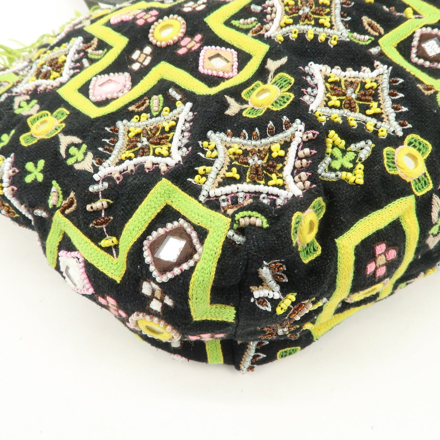 FENDI Canvas Leather Beaded Embroidery Tote Bag Hand Bag Black