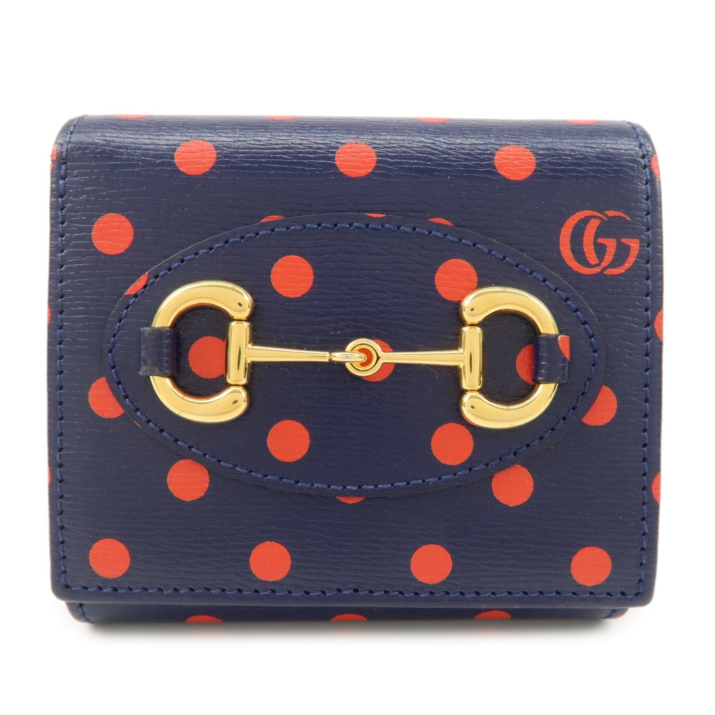 GUCCI Horsebit Dots Pattern Leather Bi-fold Wallet Navy Red 621891