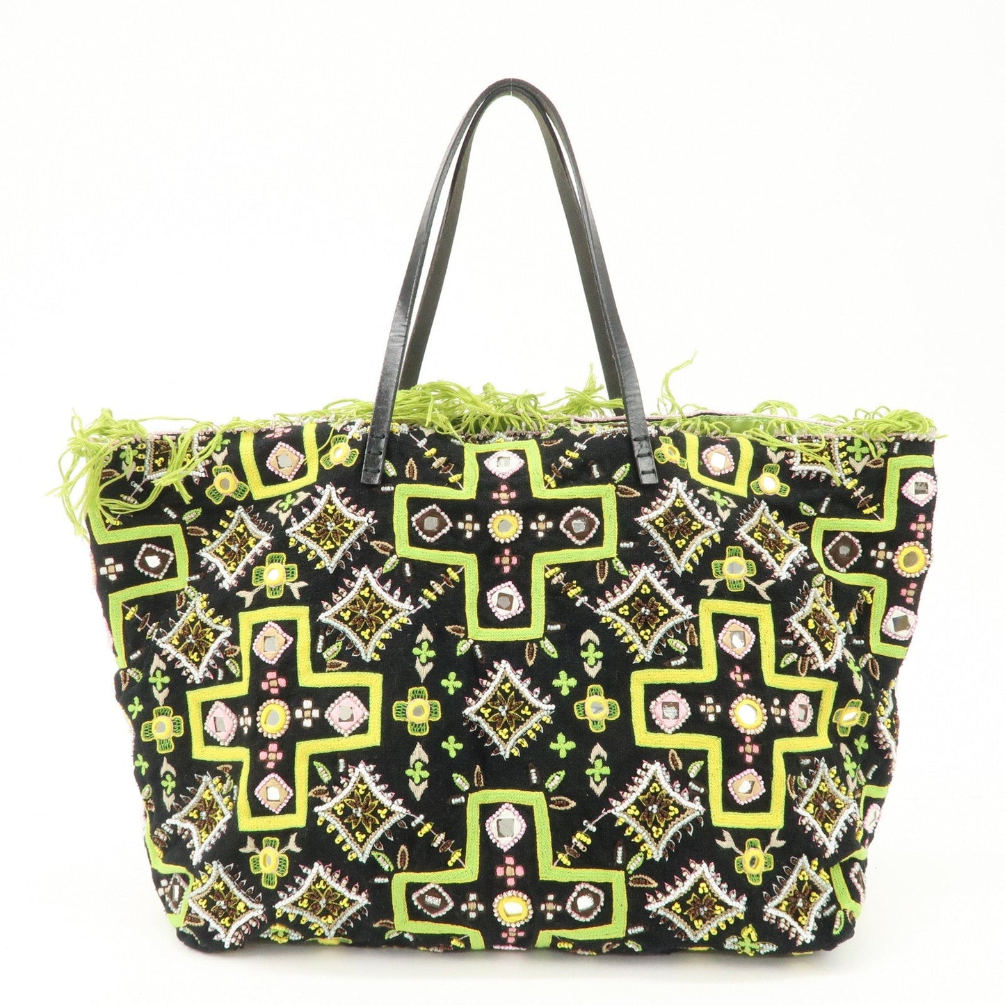 FENDI Canvas Leather Beaded Embroidery Tote Bag Hand Bag Black