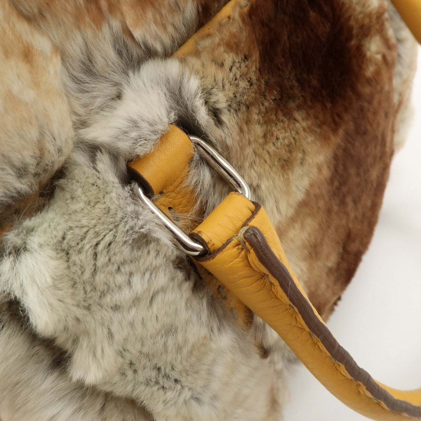 FENDI Seleria Leather Fur Mini Linda Hand Bag Brown White 8BR486