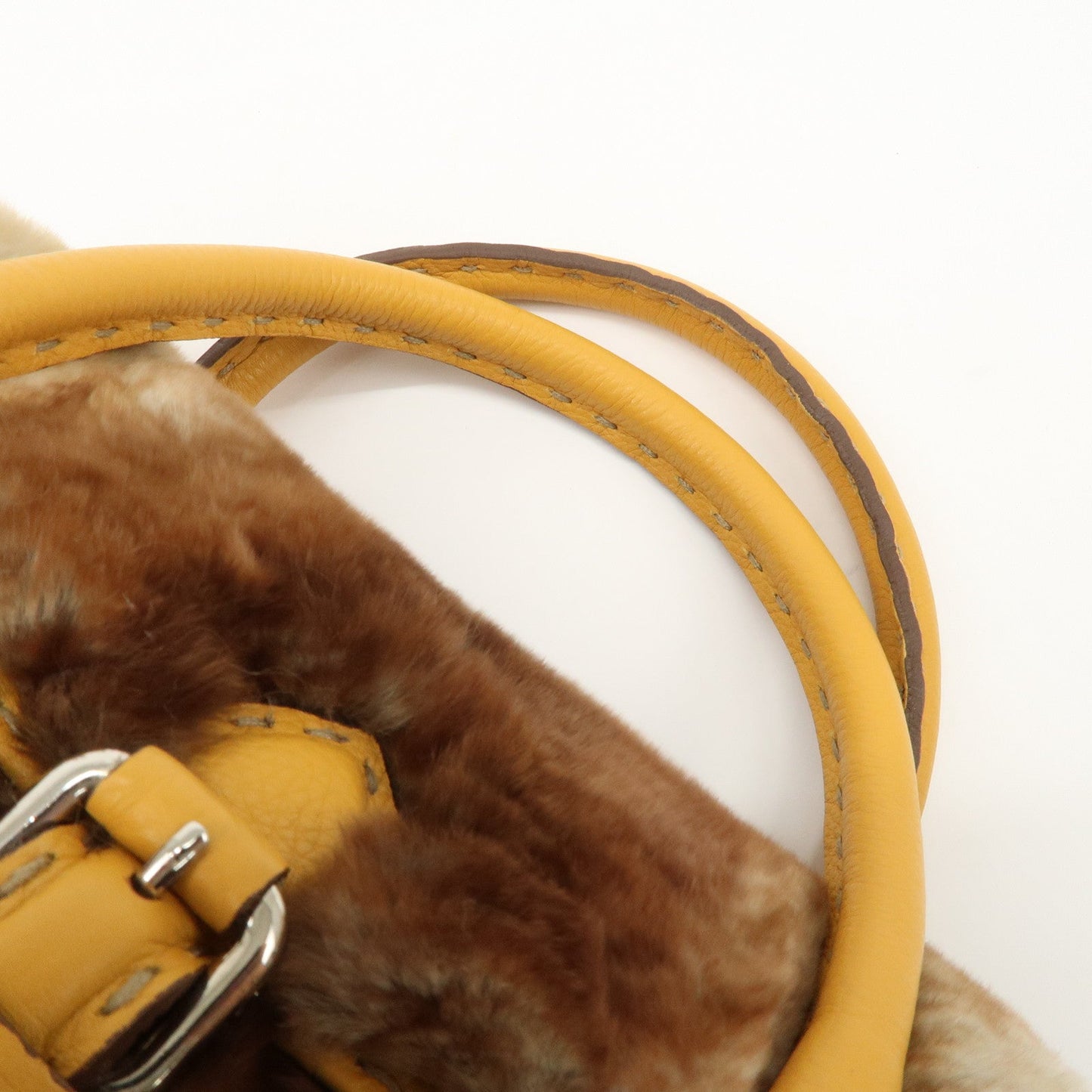 FENDI Seleria Leather Fur Mini Linda Hand Bag Brown White 8BR486