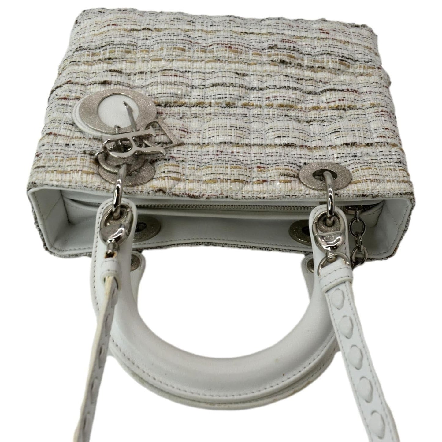 CHRISTIAN DIOR Medium Lady Dior Tweed Leather Shoulder Bag White