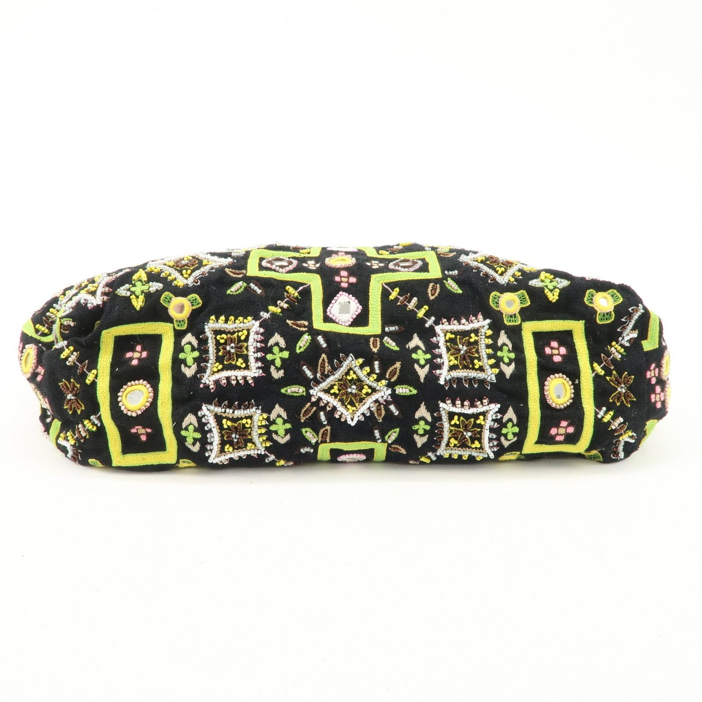 FENDI Canvas Leather Beaded Embroidery Tote Bag Hand Bag Black