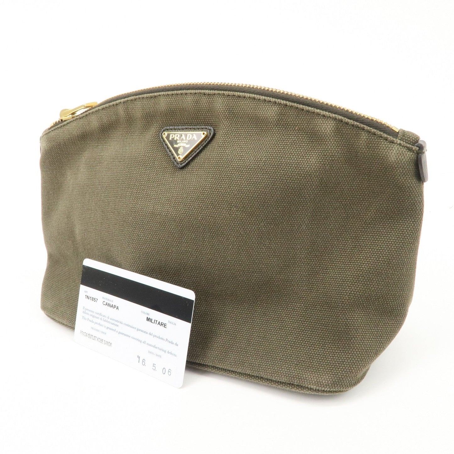 PRADA Triangle Logo Canvas Leather Cosmetic Pouch Khaki 1N1857
