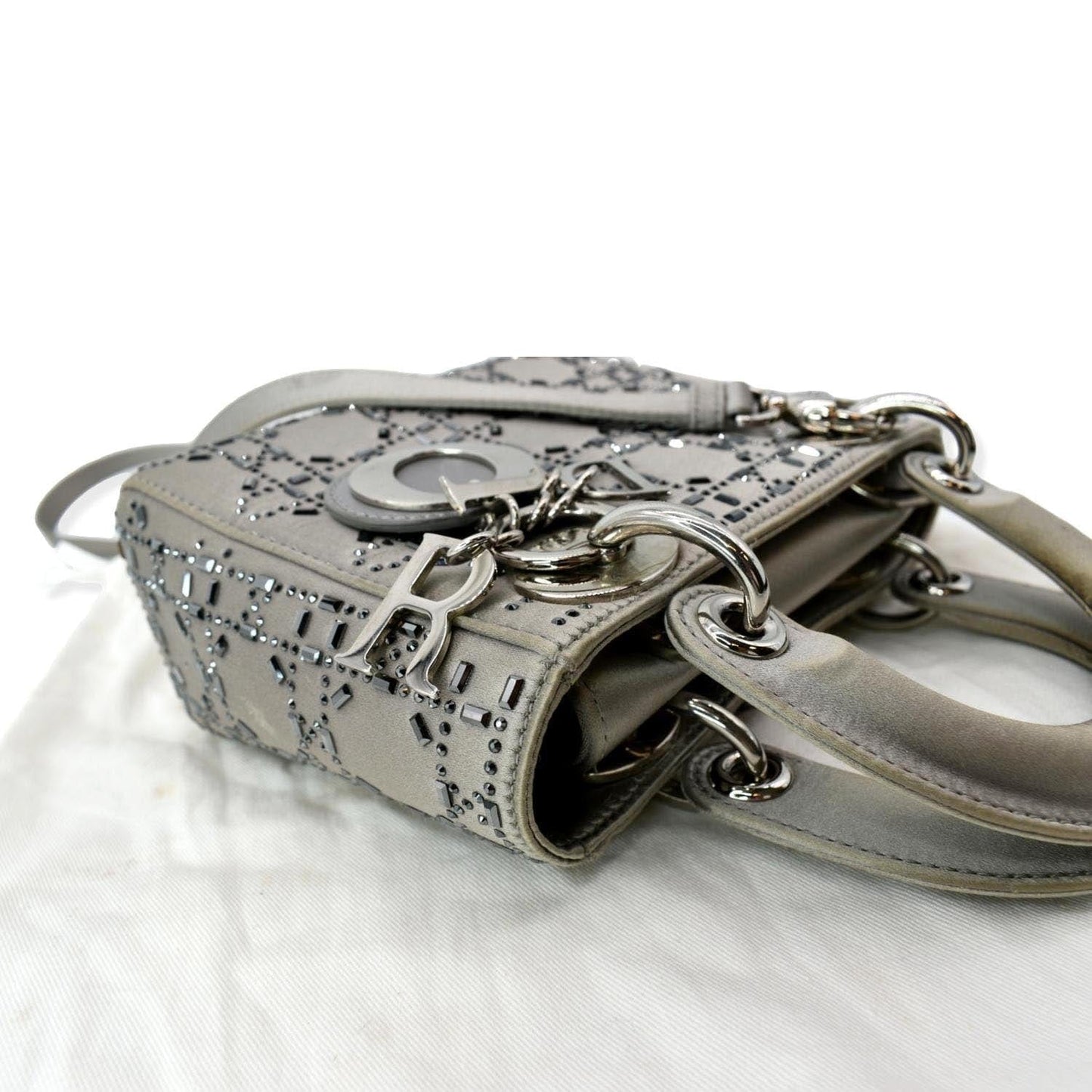 CHRISTIAN DIOR Mini Lady Dior Crystal Embellished Satin Shoulder Bag Gray
