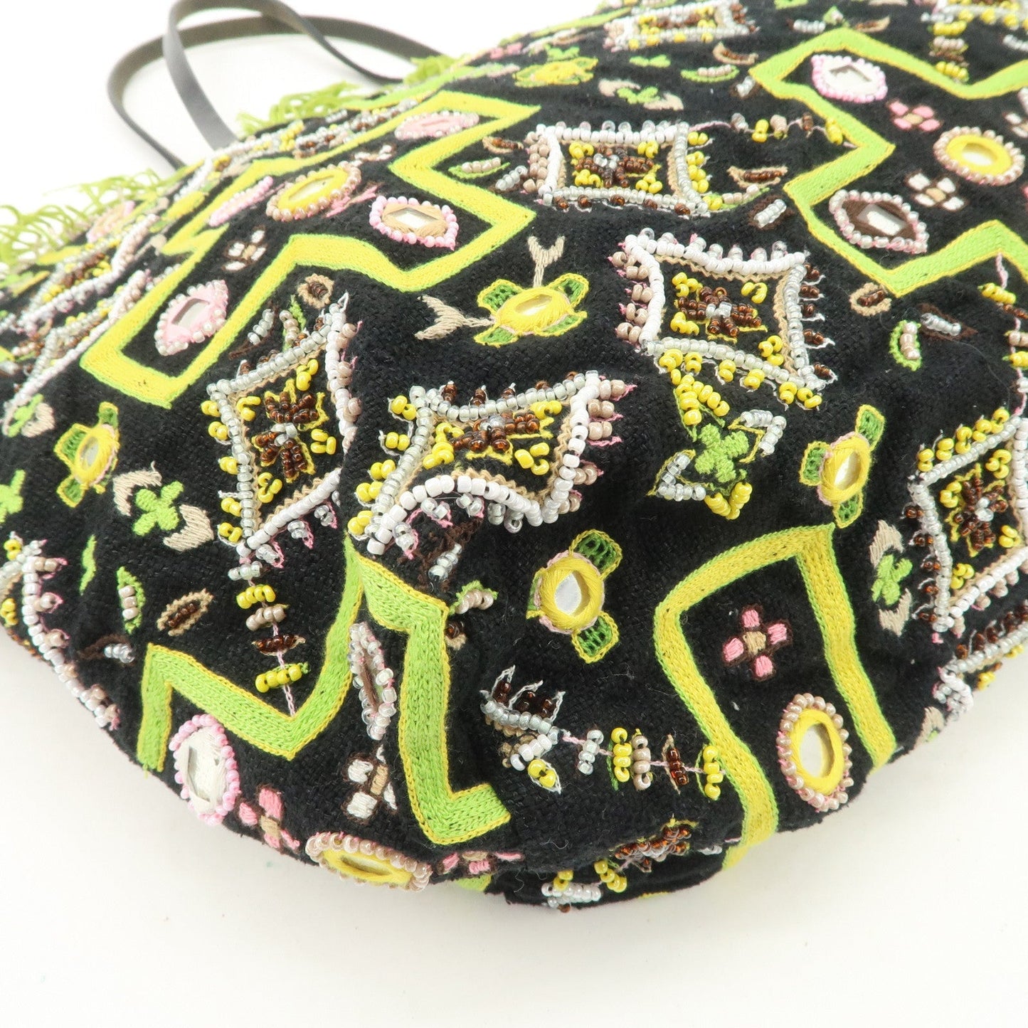 FENDI Canvas Leather Beaded Embroidery Tote Bag Hand Bag Black
