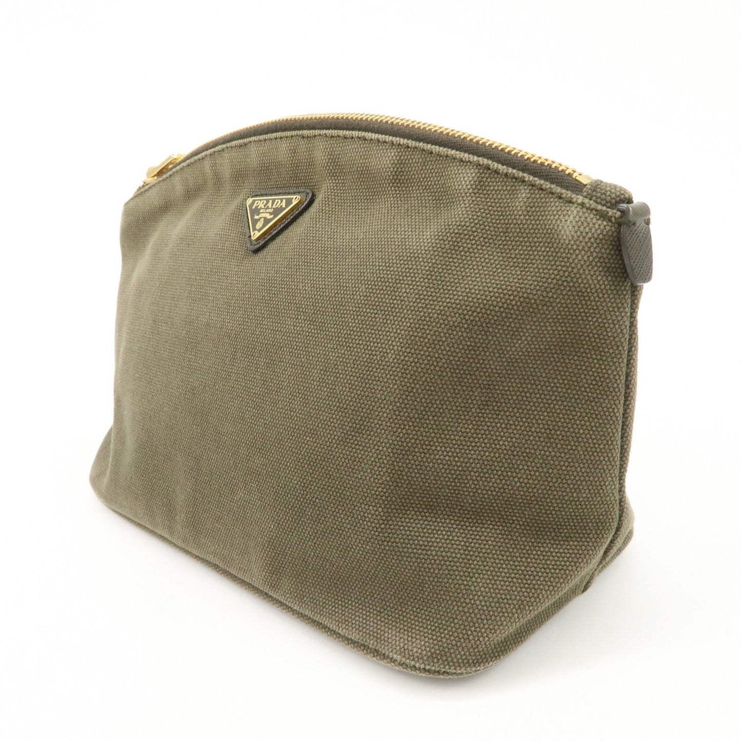 PRADA Triangle Logo Canvas Leather Cosmetic Pouch Khaki 1N1857