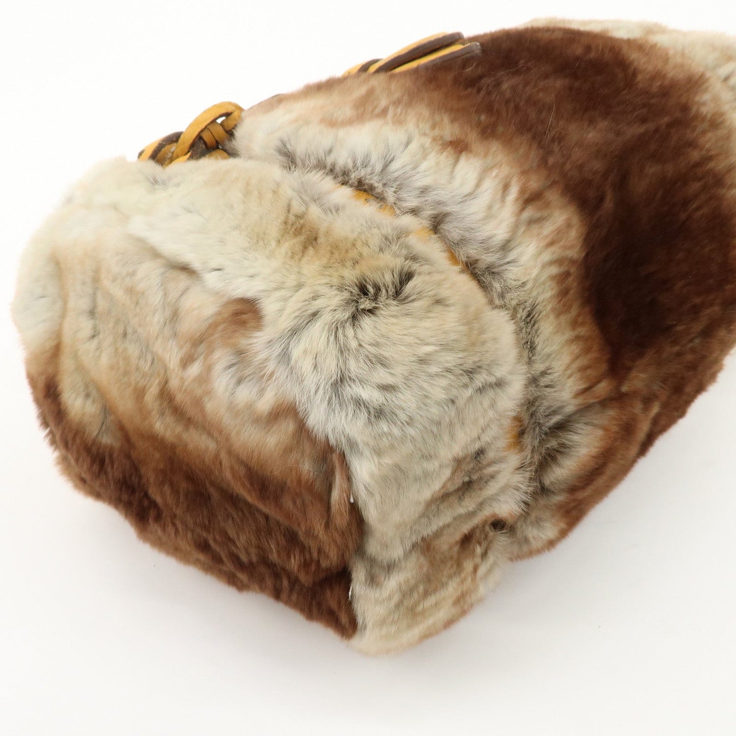 FENDI Seleria Leather Fur Mini Linda Hand Bag Brown White 8BR486