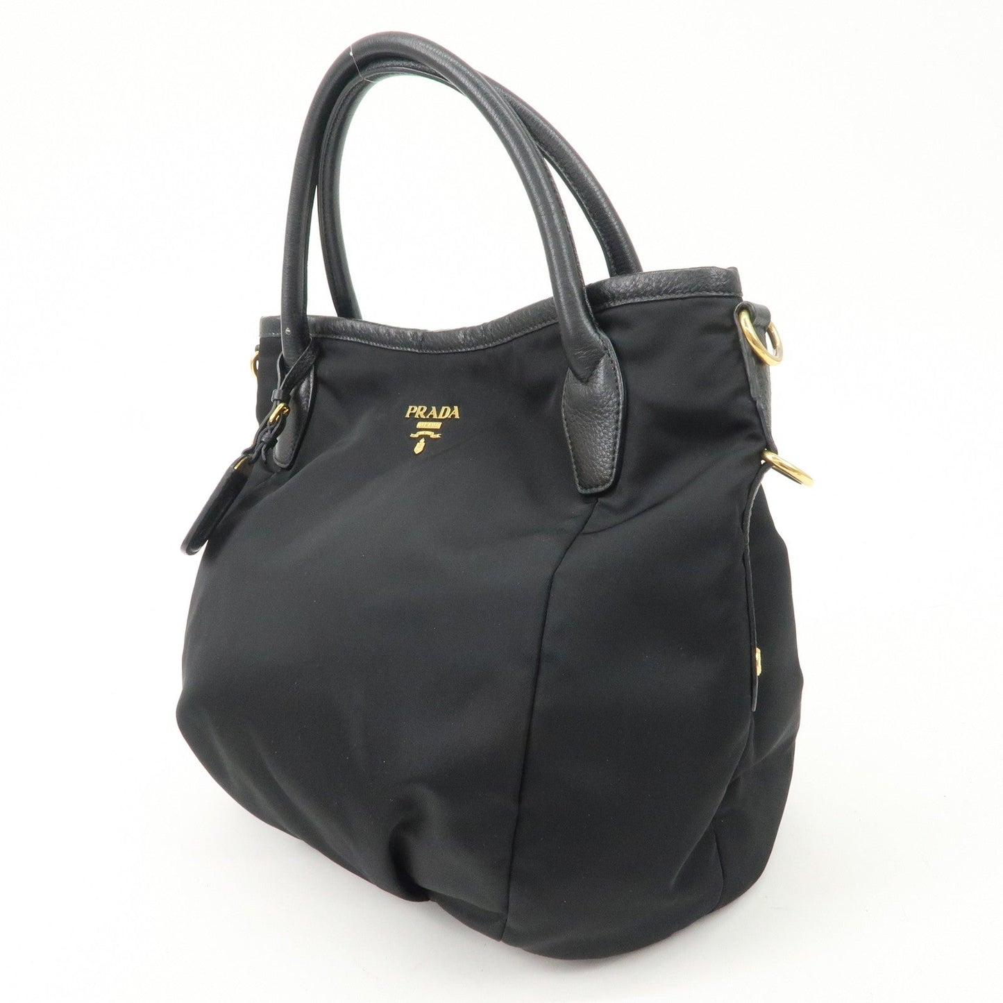 PRADA Logo Nylon Leather 2way Tote Bag Hand Bag Black Gold Hardware