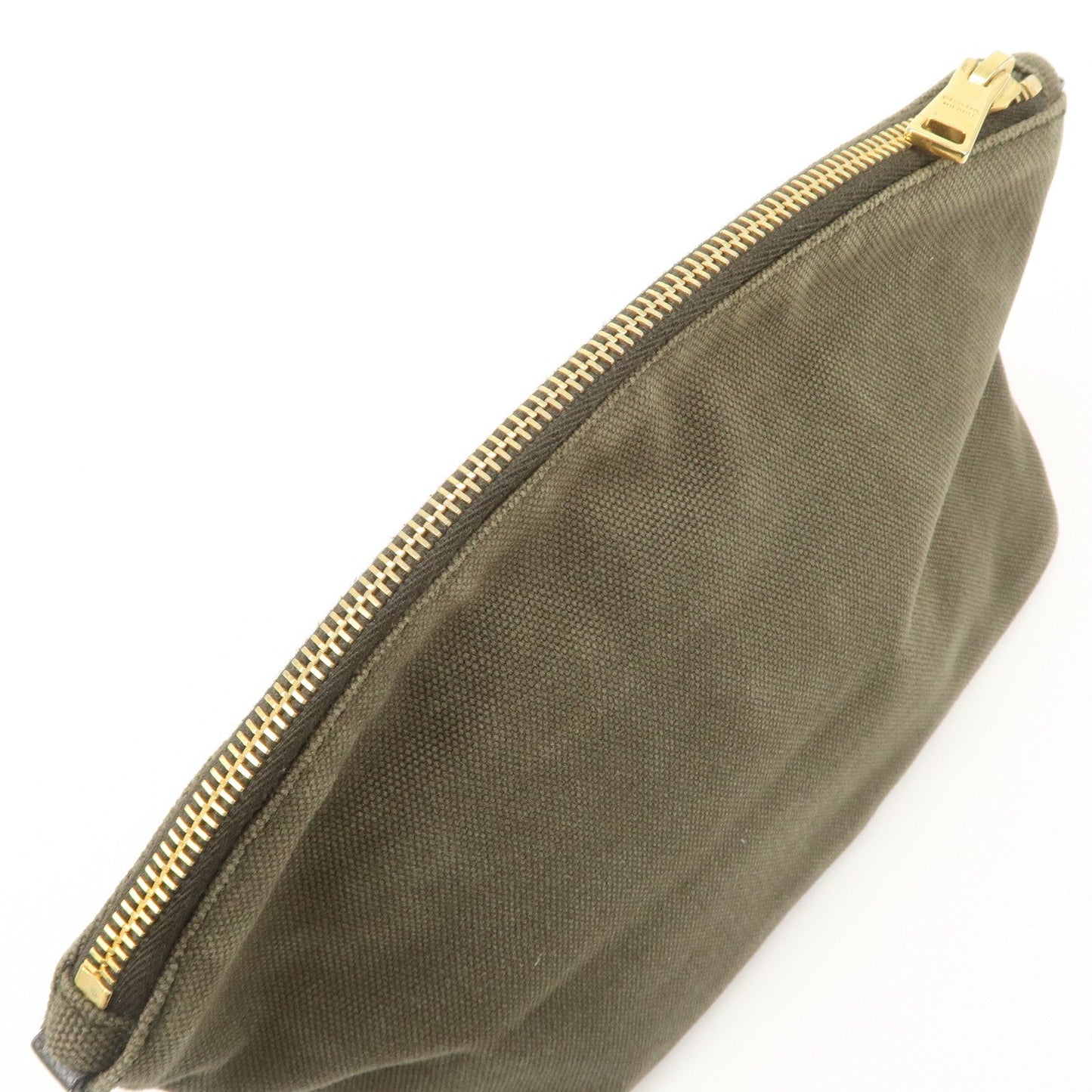 PRADA Triangle Logo Canvas Leather Cosmetic Pouch Khaki 1N1857