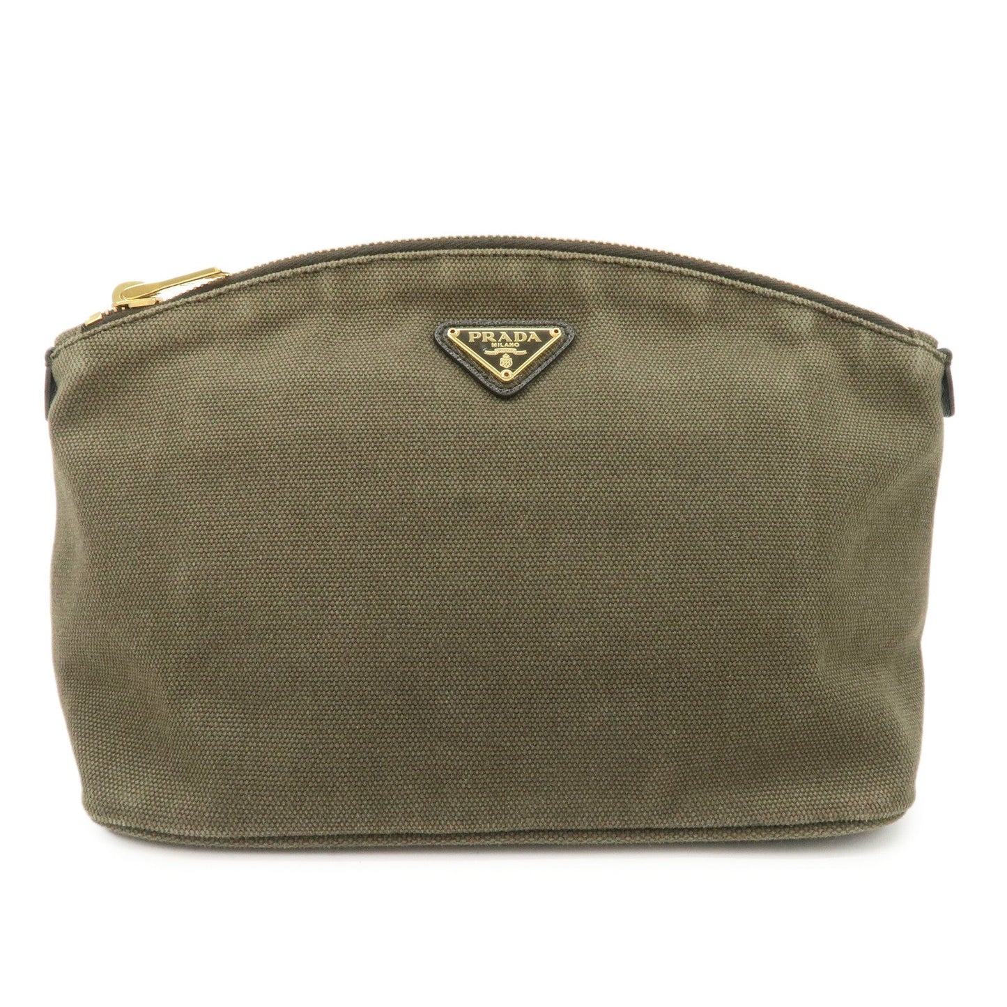 PRADA Triangle Logo Canvas Leather Cosmetic Pouch Khaki 1N1857