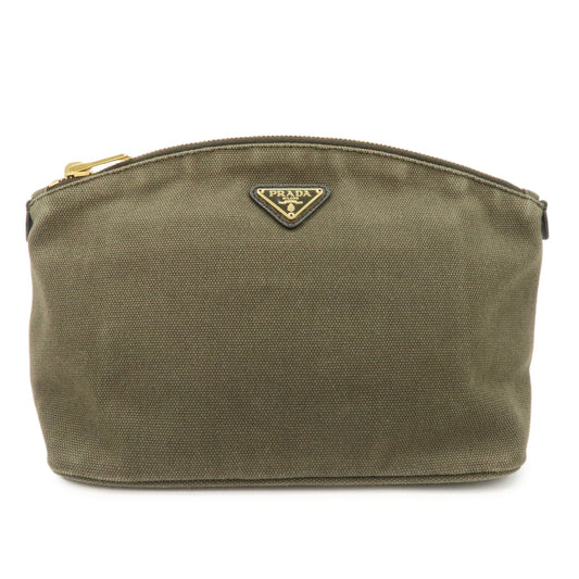 PRADA Triangle Logo Canvas Leather Cosmetic Pouch Khaki 1N1857