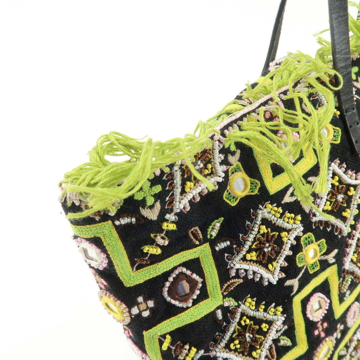 FENDI Canvas Leather Beaded Embroidery Tote Bag Hand Bag Black