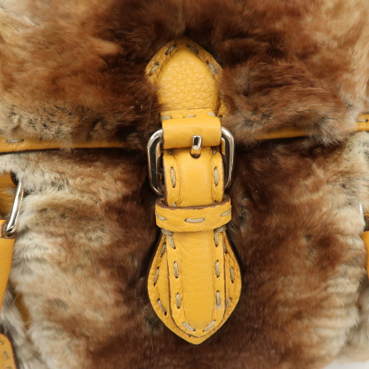FENDI Seleria Leather Fur Mini Linda Hand Bag Brown White 8BR486