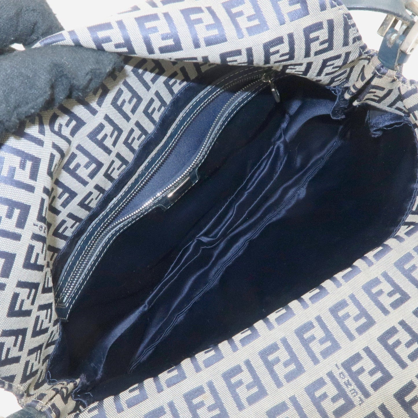FENDI Zucchino Canvas Leather Shoulder Bag Hand Bag Grey Navy 26796