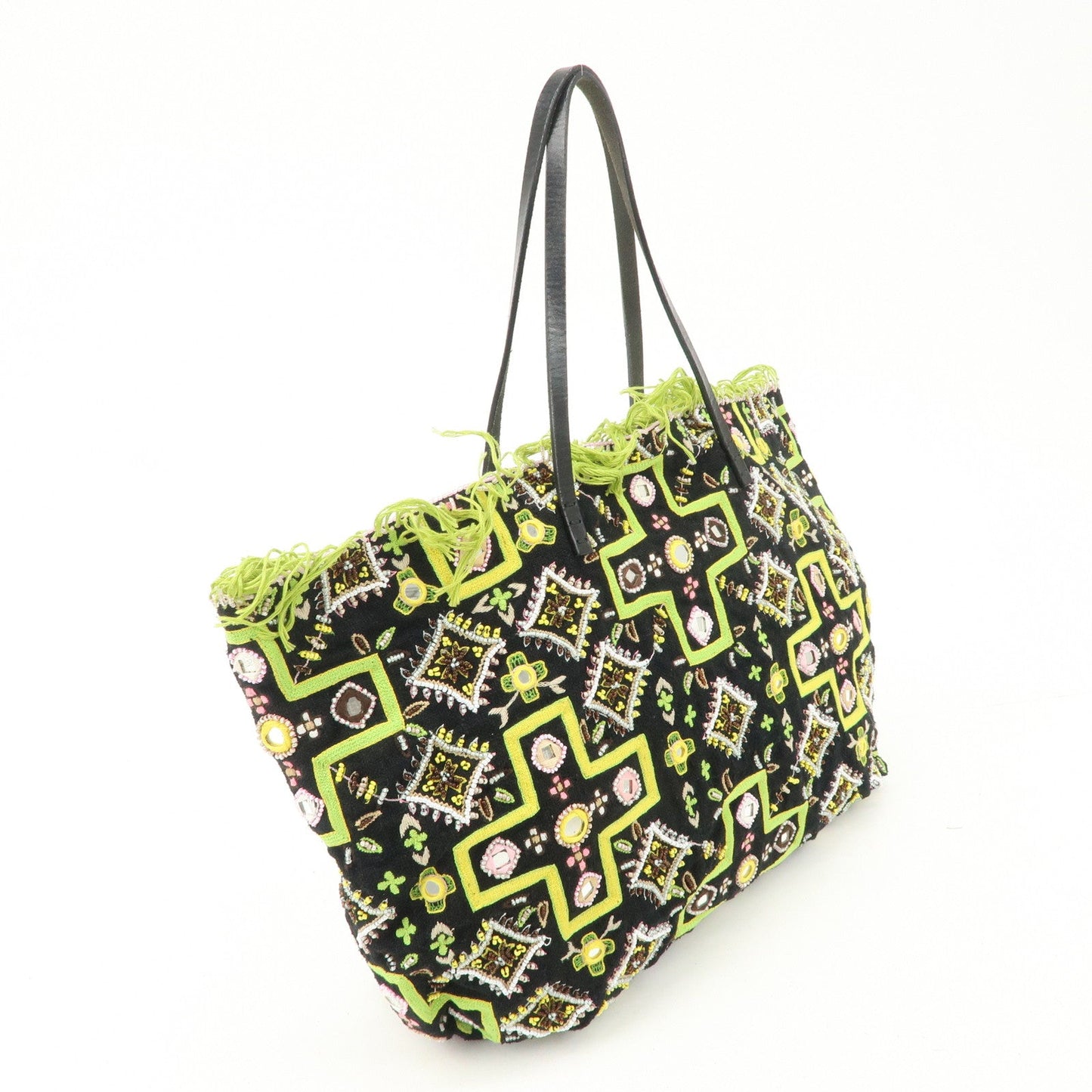 FENDI Canvas Leather Beaded Embroidery Tote Bag Hand Bag Black