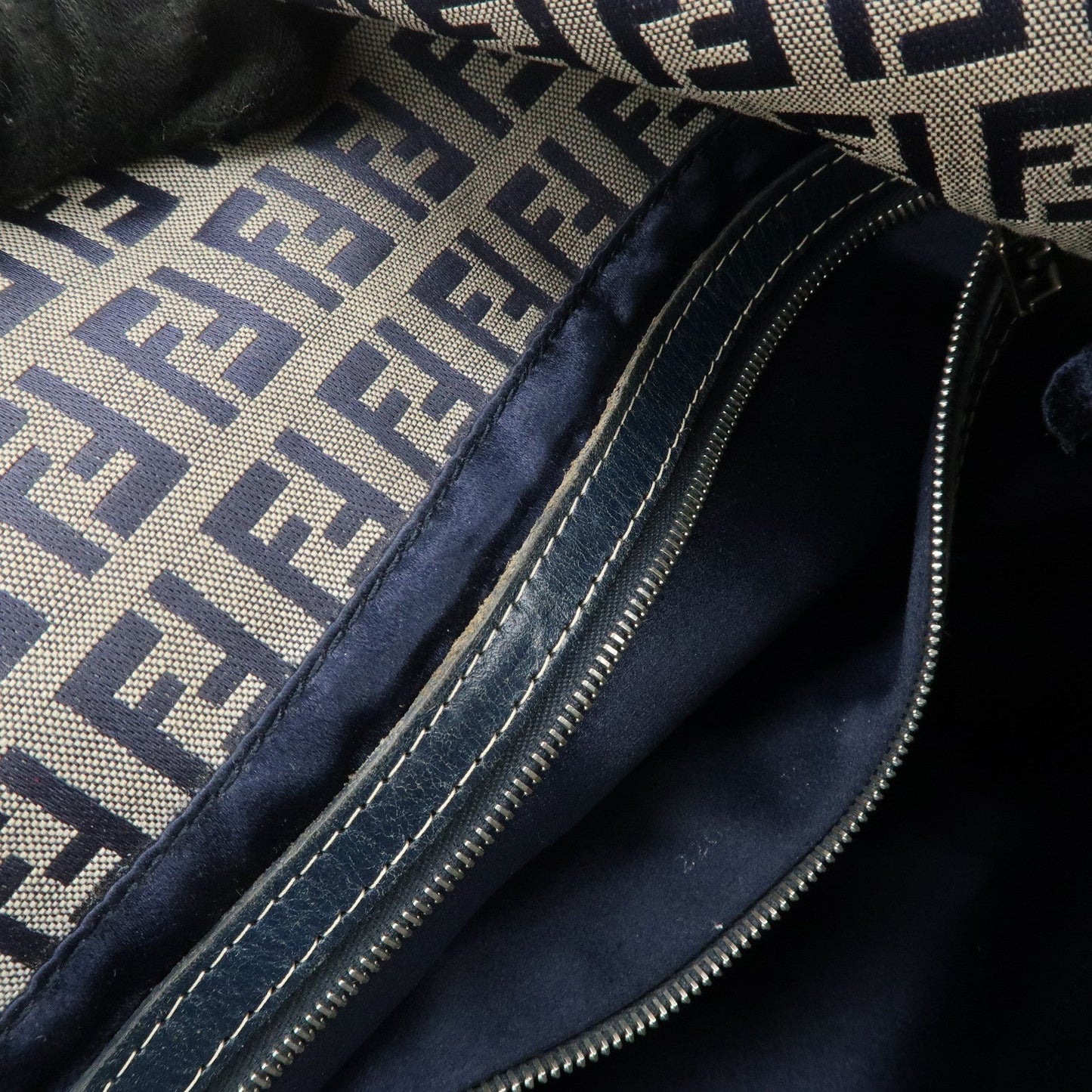 FENDI Zucchino Canvas Leather Shoulder Bag Hand Bag Grey Navy 26796