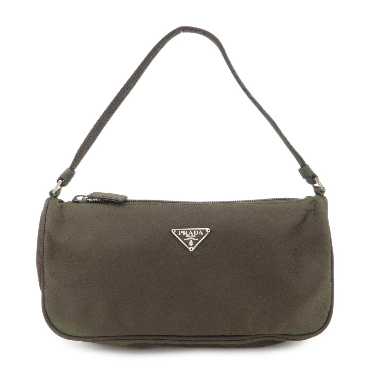 PRADA Triangle Logo Nylon Leather Accessory Pouch Hand Bag Khaki Silver HDW