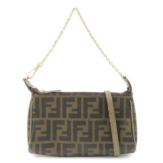 FENDI Zucca PVC Leather Chain Accessory Pouch Hand Bag Brown 8M0264