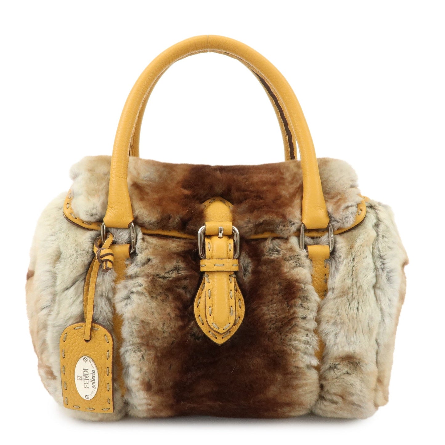 FENDI Seleria Leather Fur Mini Linda Hand Bag Brown White 8BR486