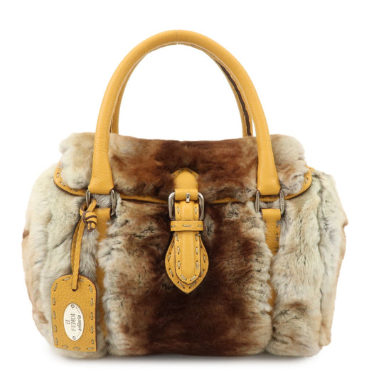 FENDI Seleria Leather Fur Mini Linda Hand Bag Brown White 8BR486