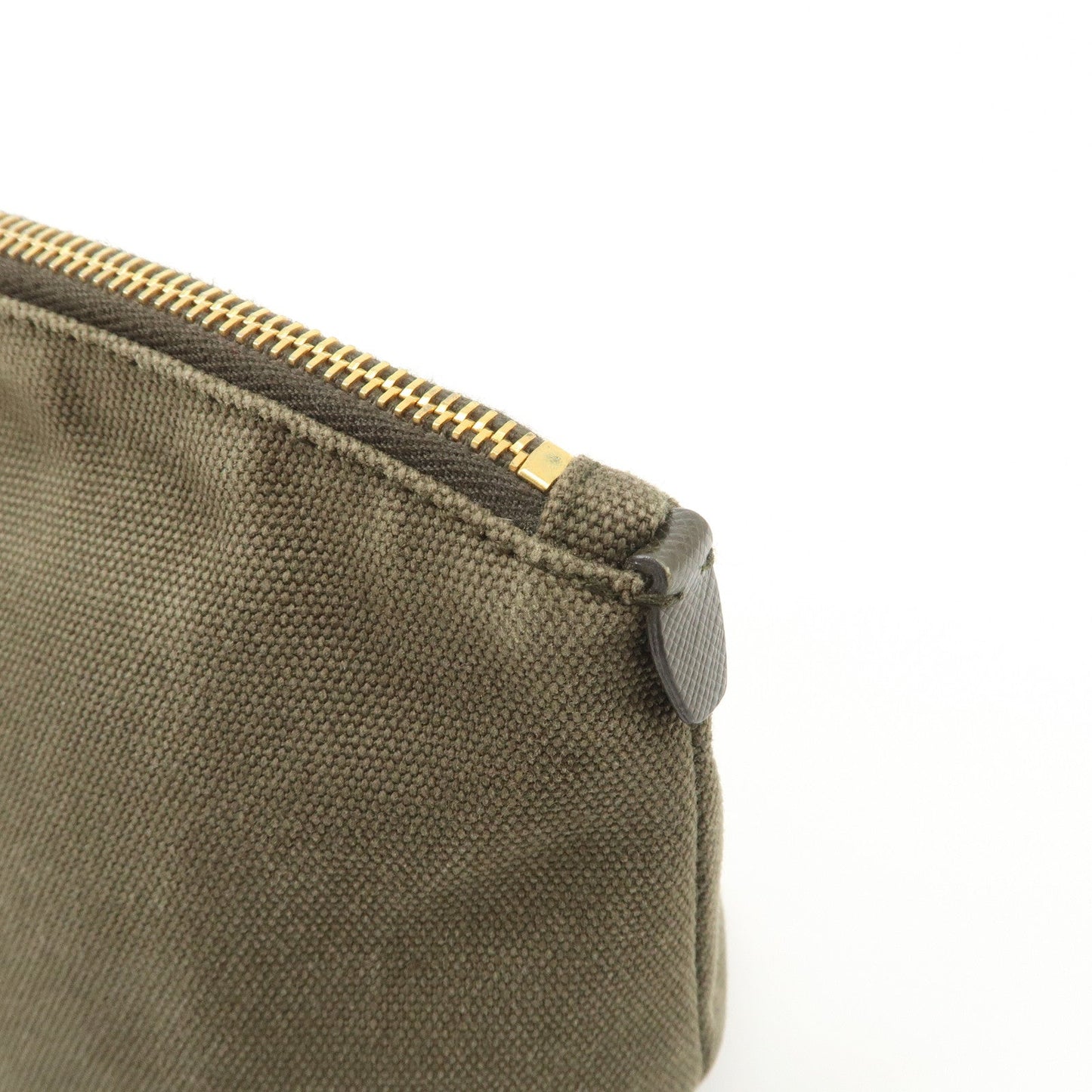 PRADA Triangle Logo Canvas Leather Cosmetic Pouch Khaki 1N1857