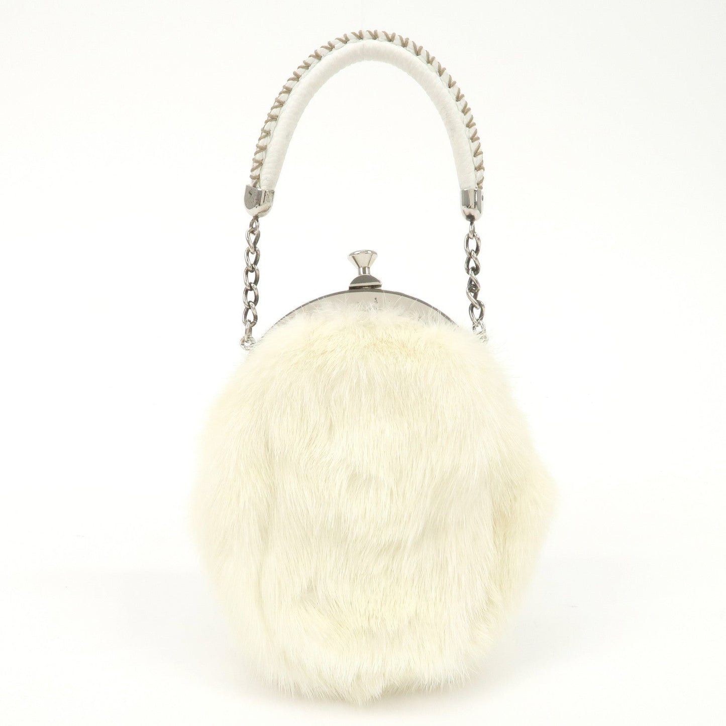 FENDI Seleria Leather Fur Flower Motif Kiss Lock Pouch Hand Bag 8BK048