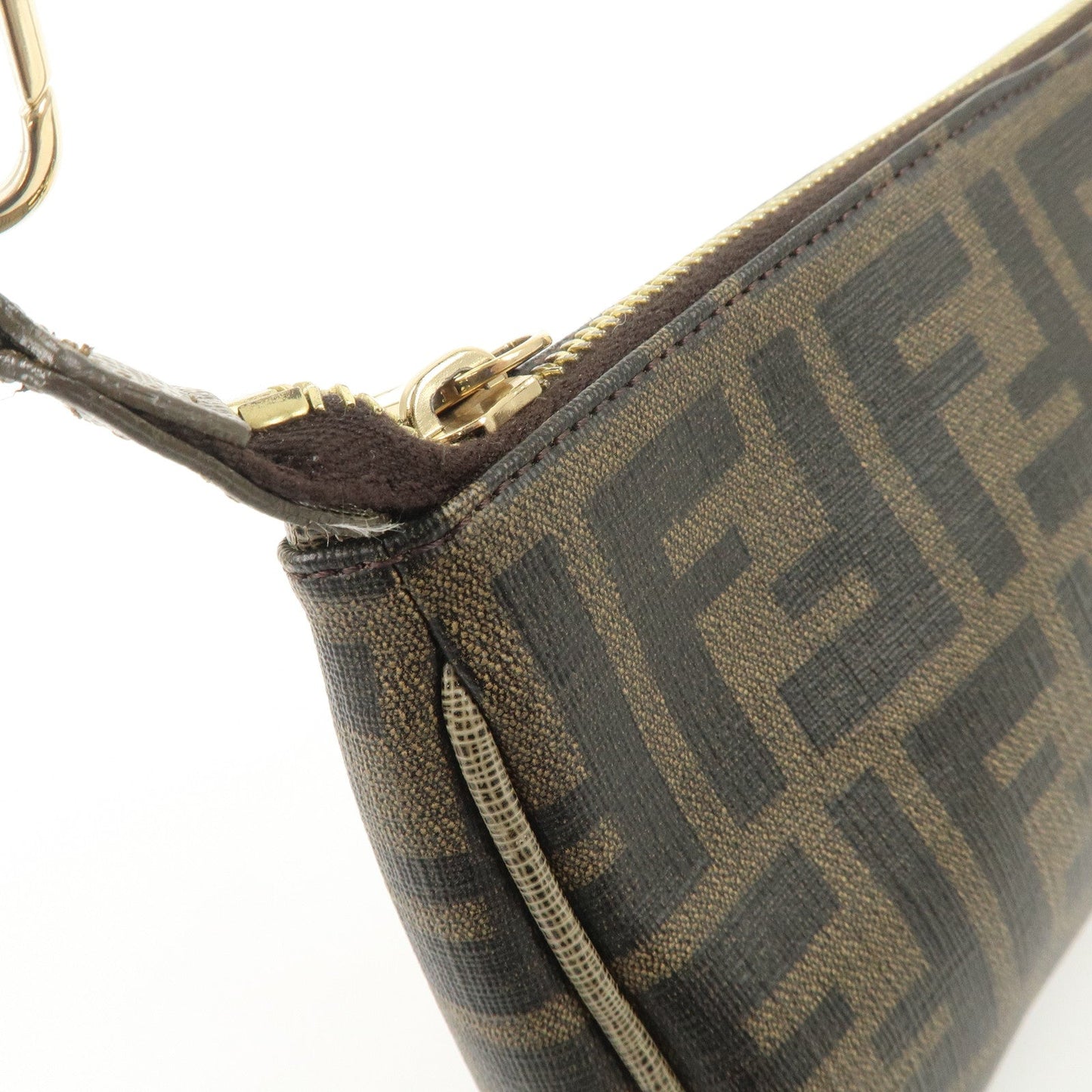 FENDI Zucca PVC Leather Chain Accessory Pouch Hand Bag Brown 8M0264