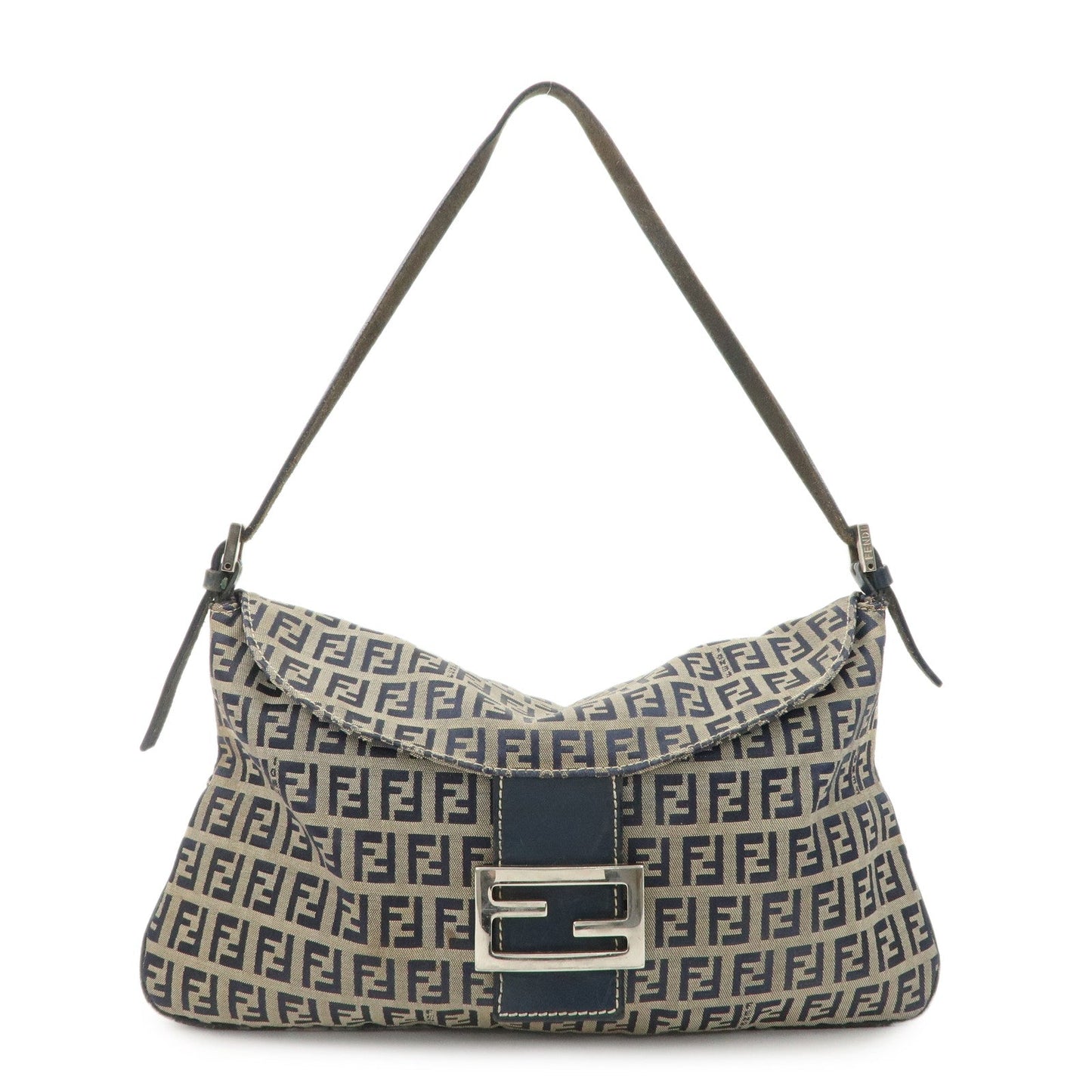FENDI Zucchino Canvas Leather Shoulder Bag Hand Bag Grey Navy 26796