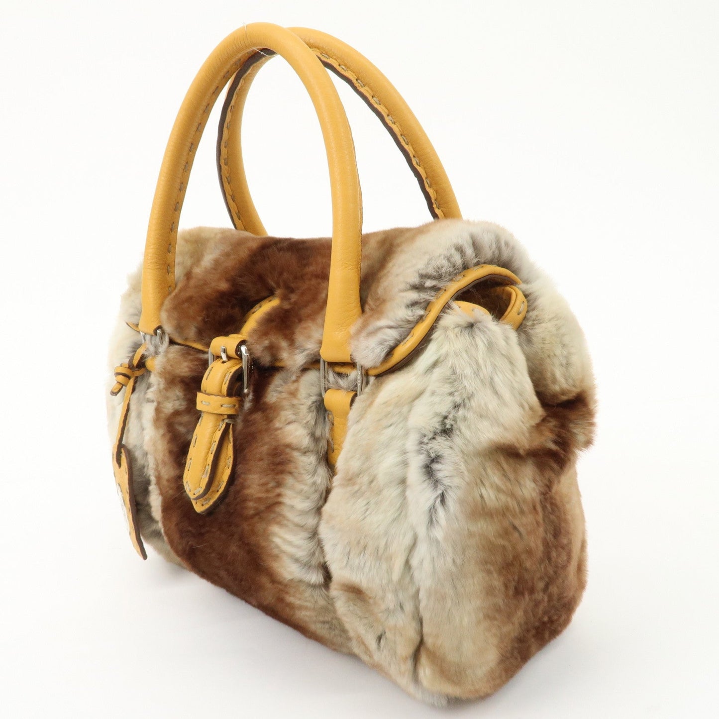 FENDI Seleria Leather Fur Mini Linda Hand Bag Brown White 8BR486