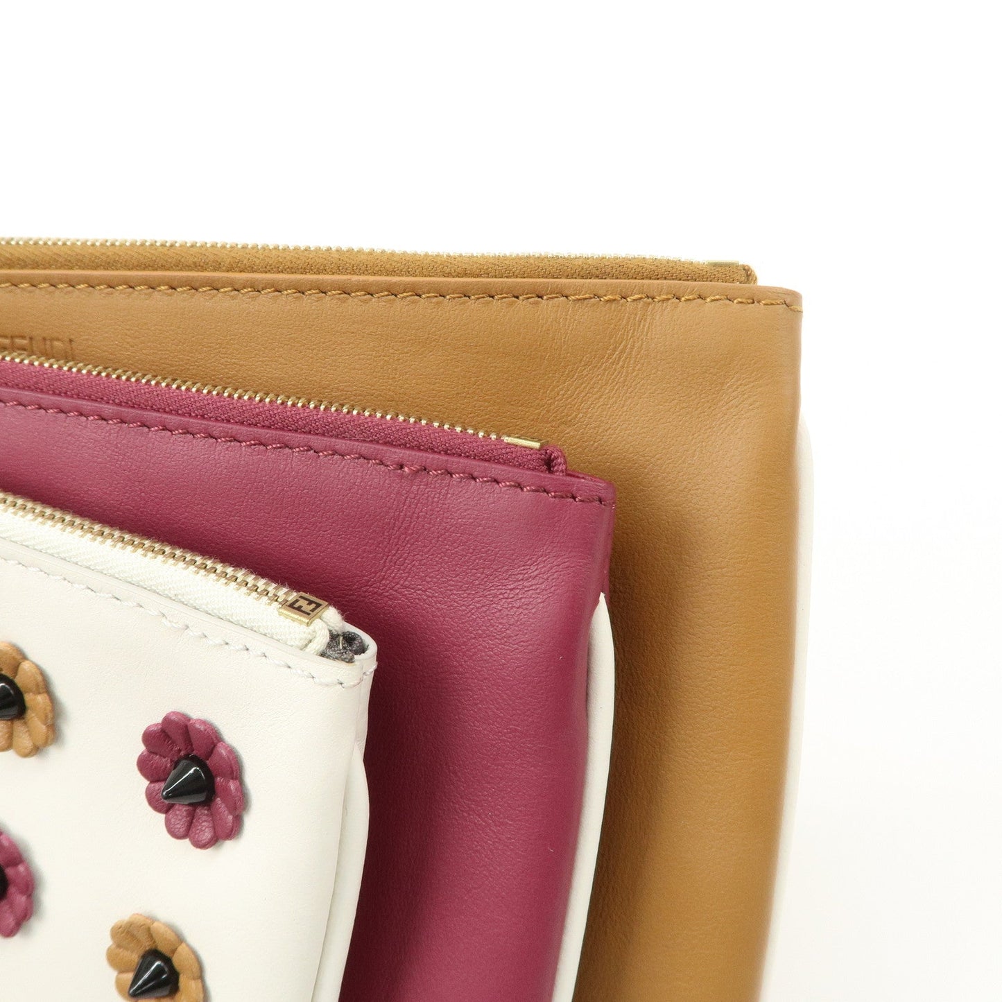 FENDI Leather Flower Studs Triplet Pouch Hand Bag 8BS001
