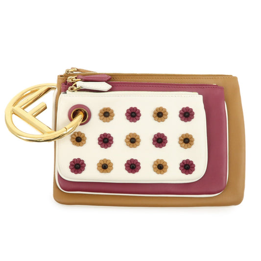 FENDI Leather Flower Studs Triplet Pouch Hand Bag 8BS001