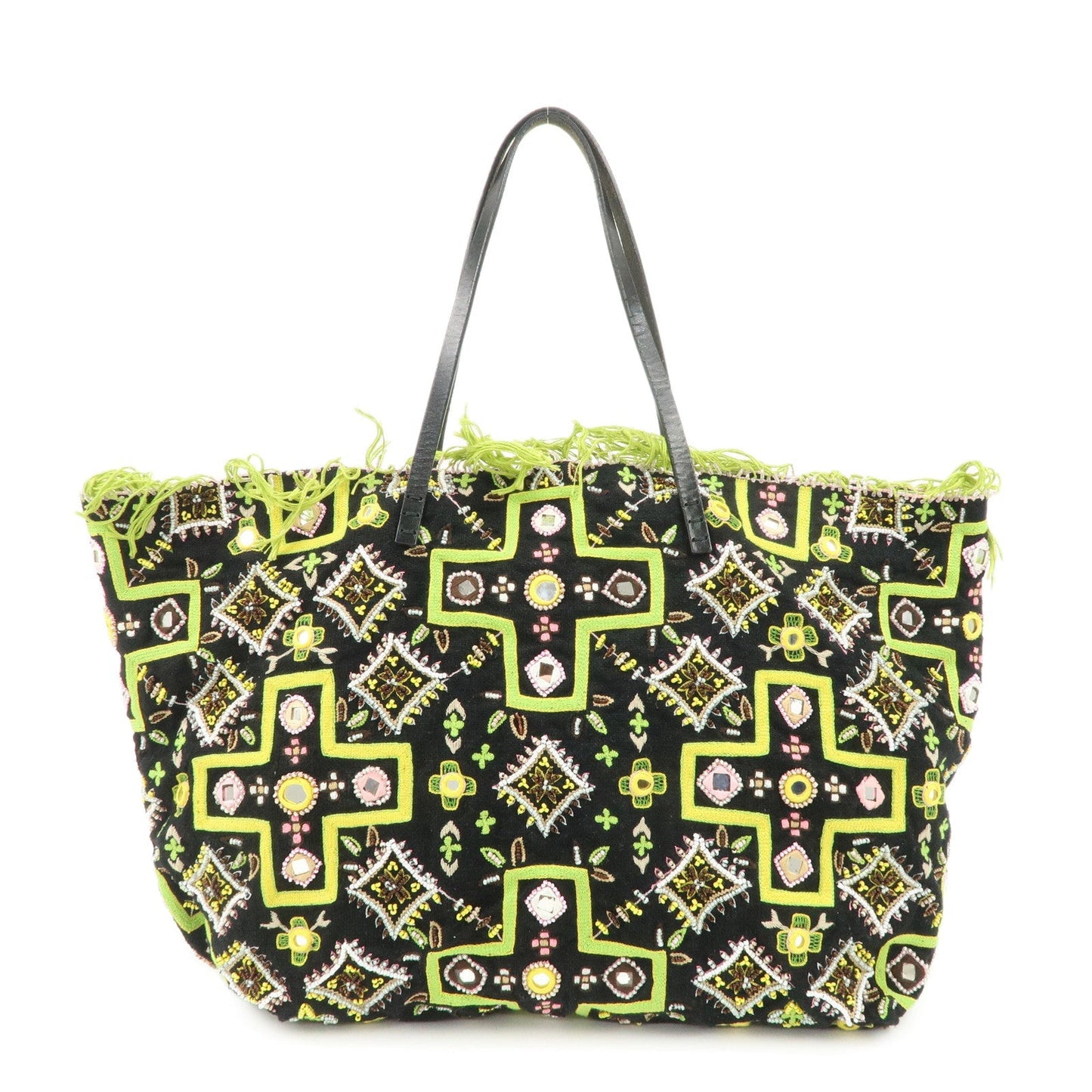 FENDI Canvas Leather Beaded Embroidery Tote Bag Hand Bag Black