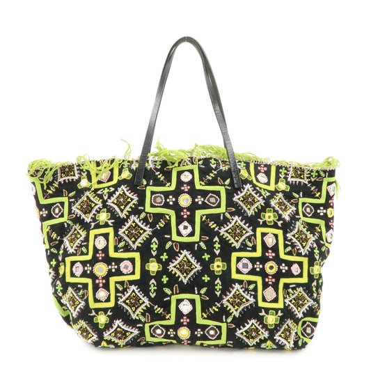 FENDI Canvas Leather Beaded Embroidery Tote Bag Hand Bag Black