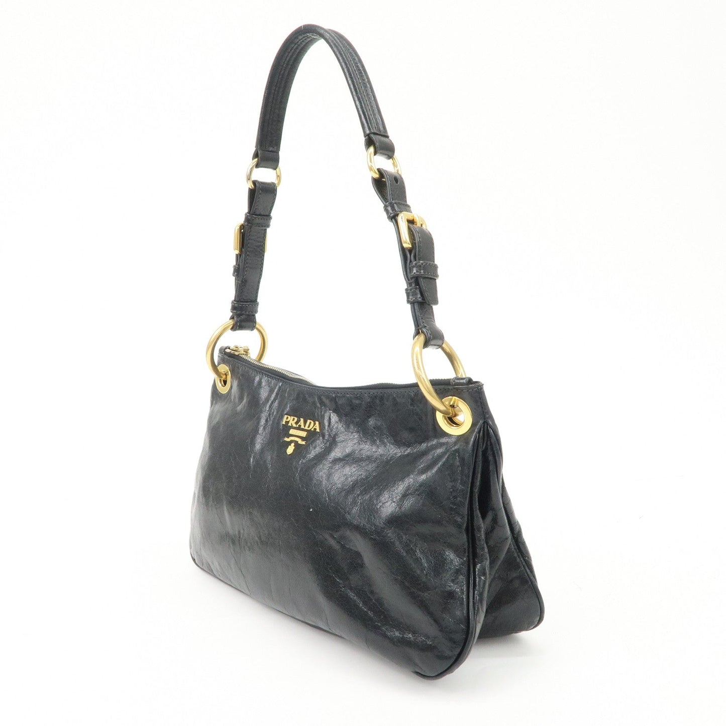PRADA Logo Leather Shoulder Bag Hand Bag Gold Hardware Black