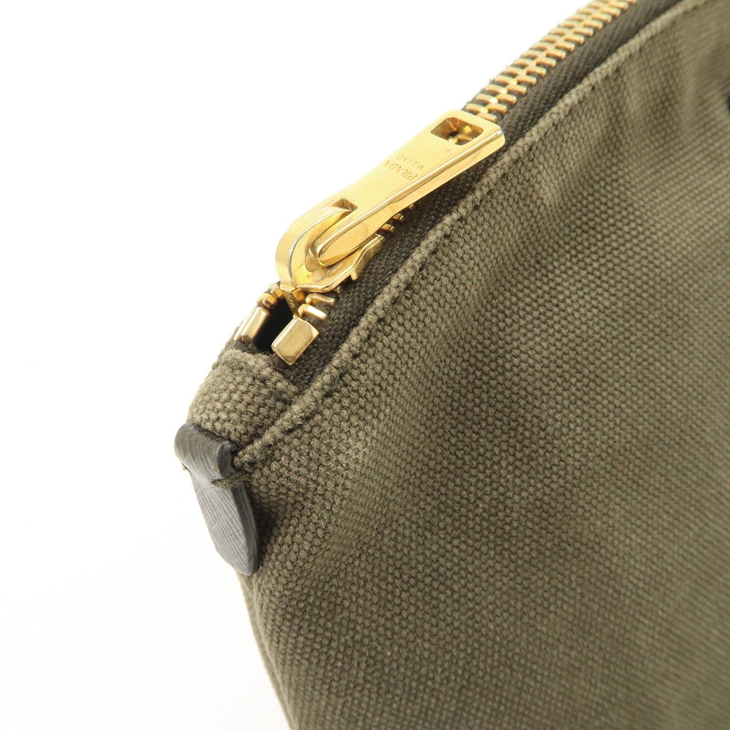 PRADA Triangle Logo Canvas Leather Cosmetic Pouch Khaki 1N1857