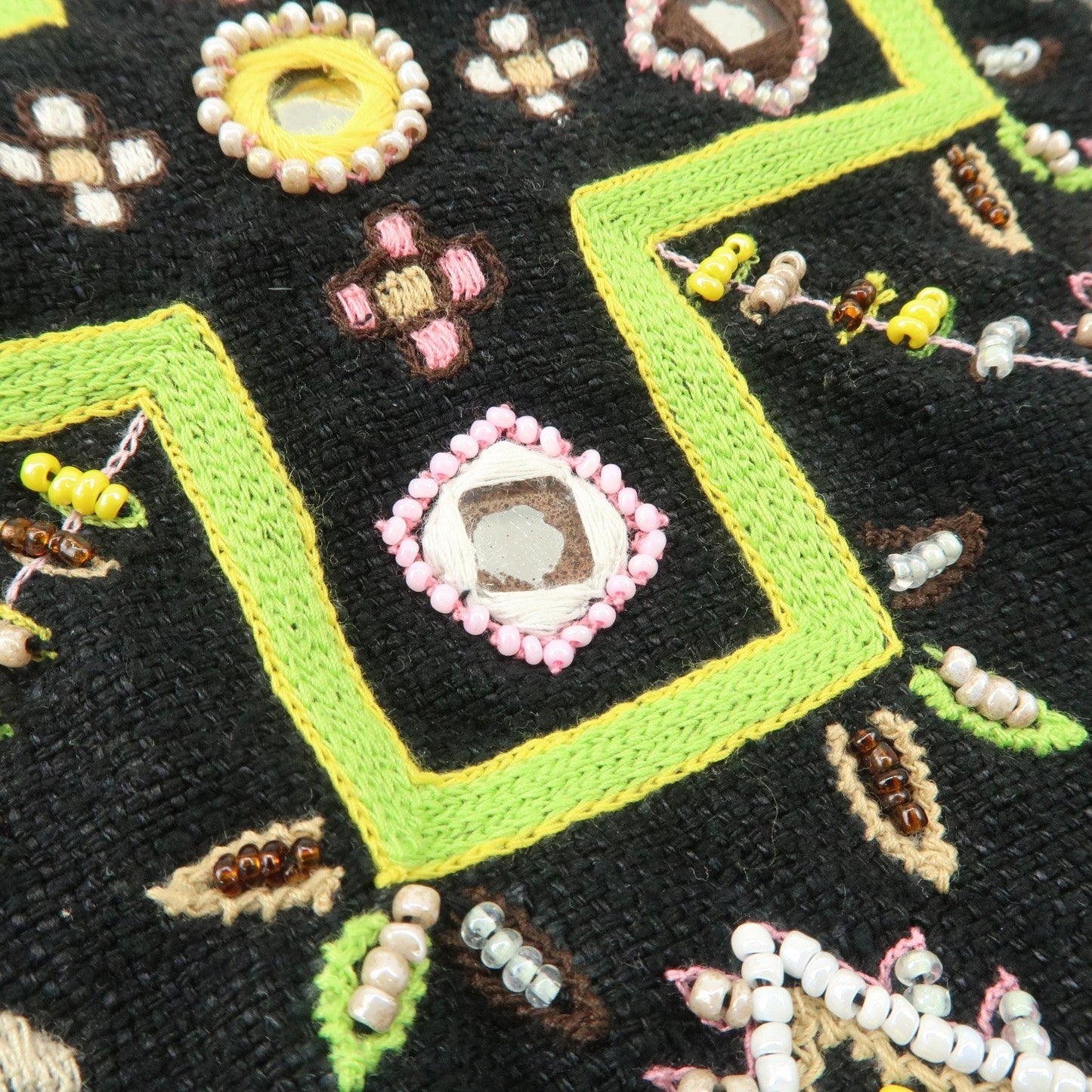 FENDI Canvas Leather Beaded Embroidery Tote Bag Hand Bag Black