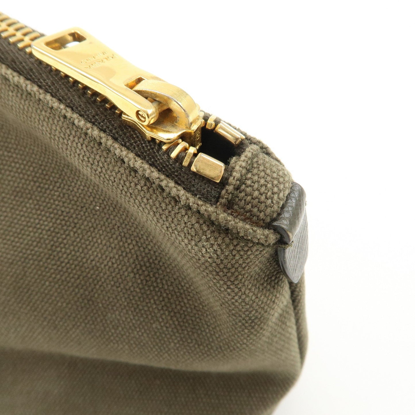 PRADA Triangle Logo Canvas Leather Cosmetic Pouch Khaki 1N1857