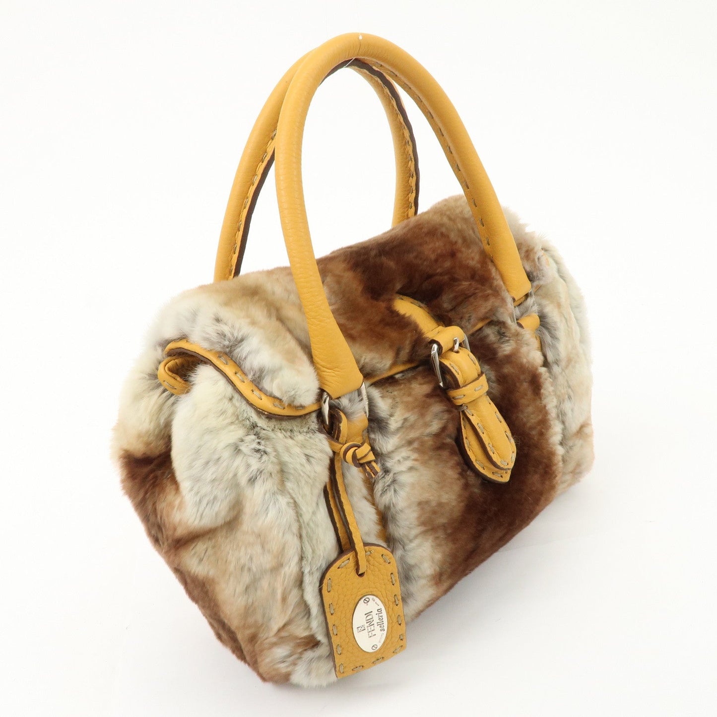 FENDI Seleria Leather Fur Mini Linda Hand Bag Brown White 8BR486