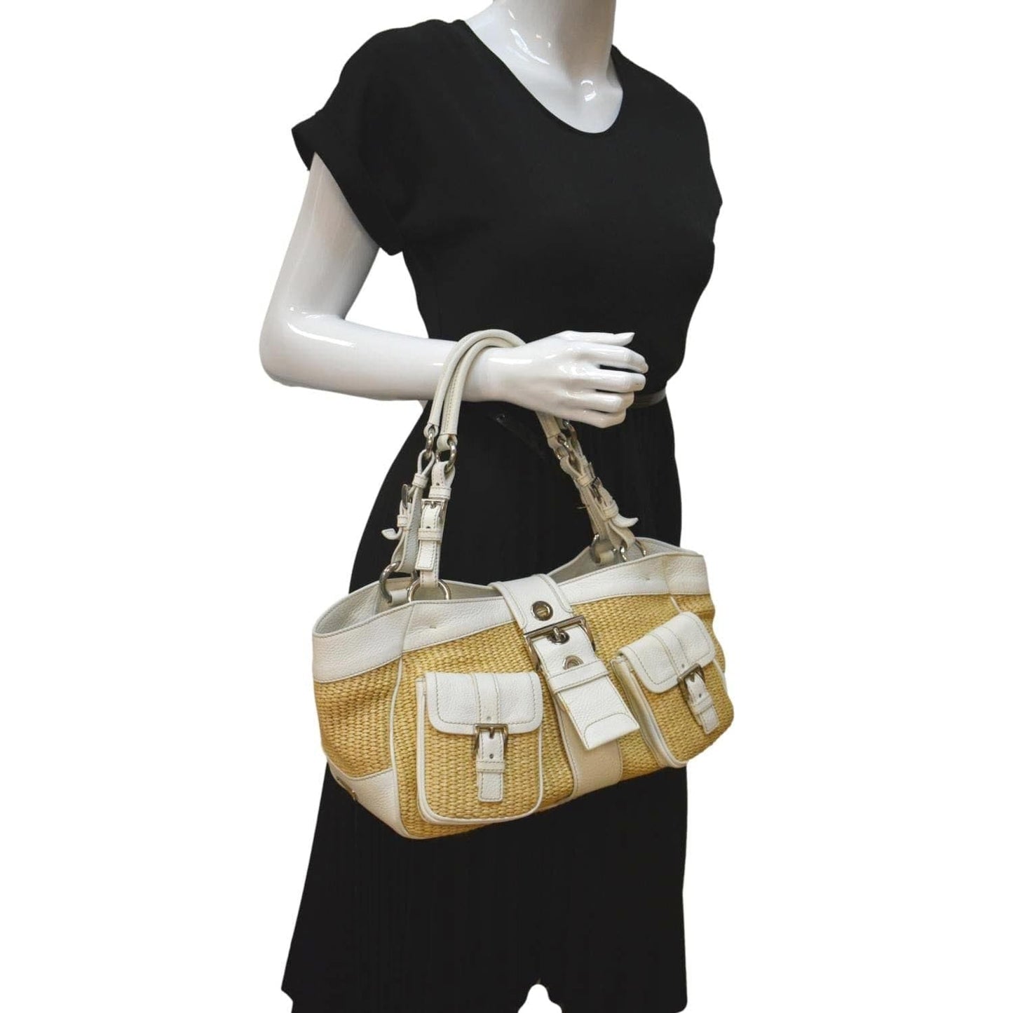 PRADA Paglia Vitello Daino Naturale Leather Satchel Bag Natural