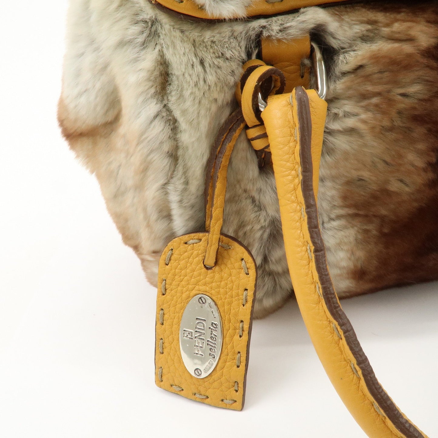FENDI Seleria Leather Fur Mini Linda Hand Bag Brown White 8BR486
