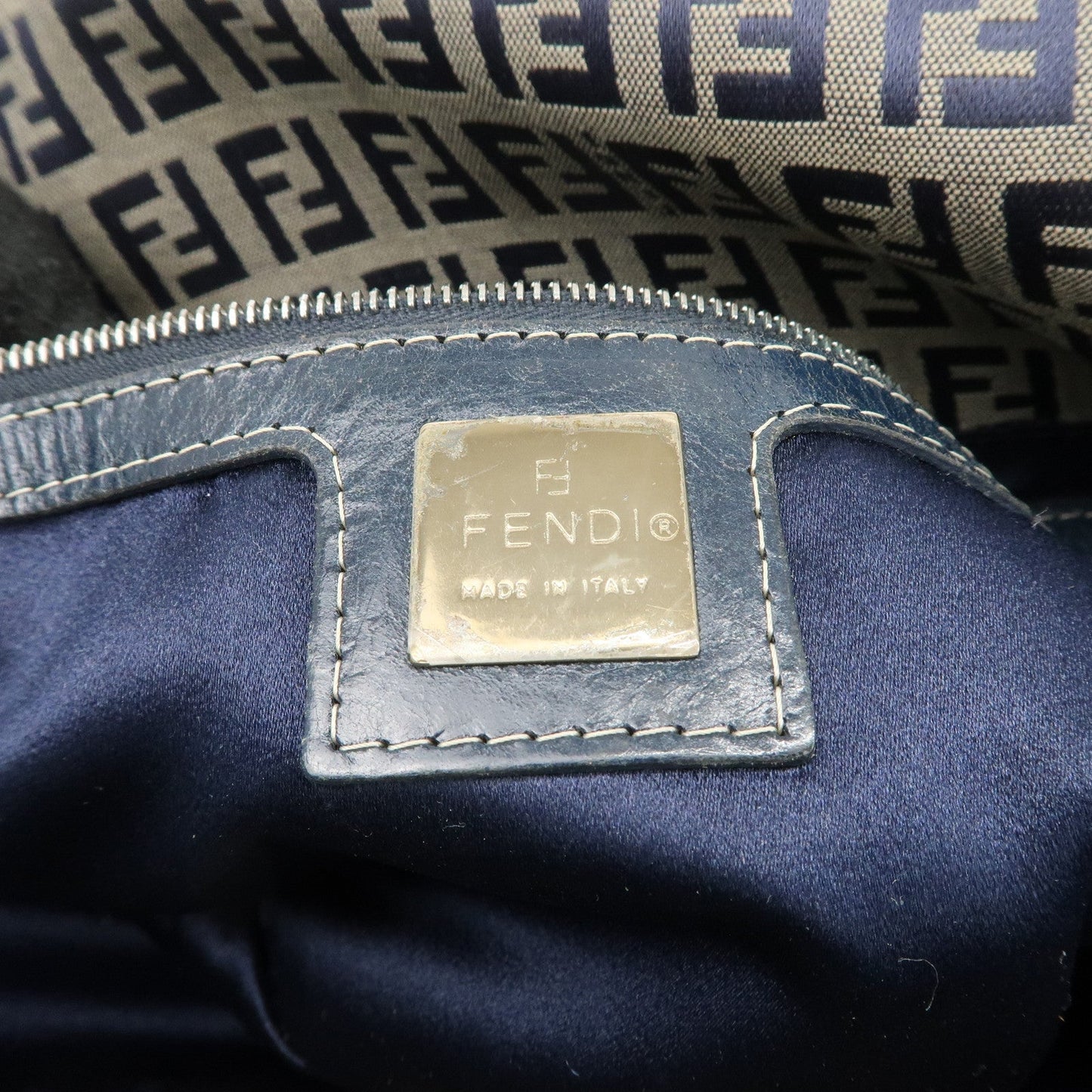 FENDI Zucchino Canvas Leather Shoulder Bag Hand Bag Grey Navy 26796