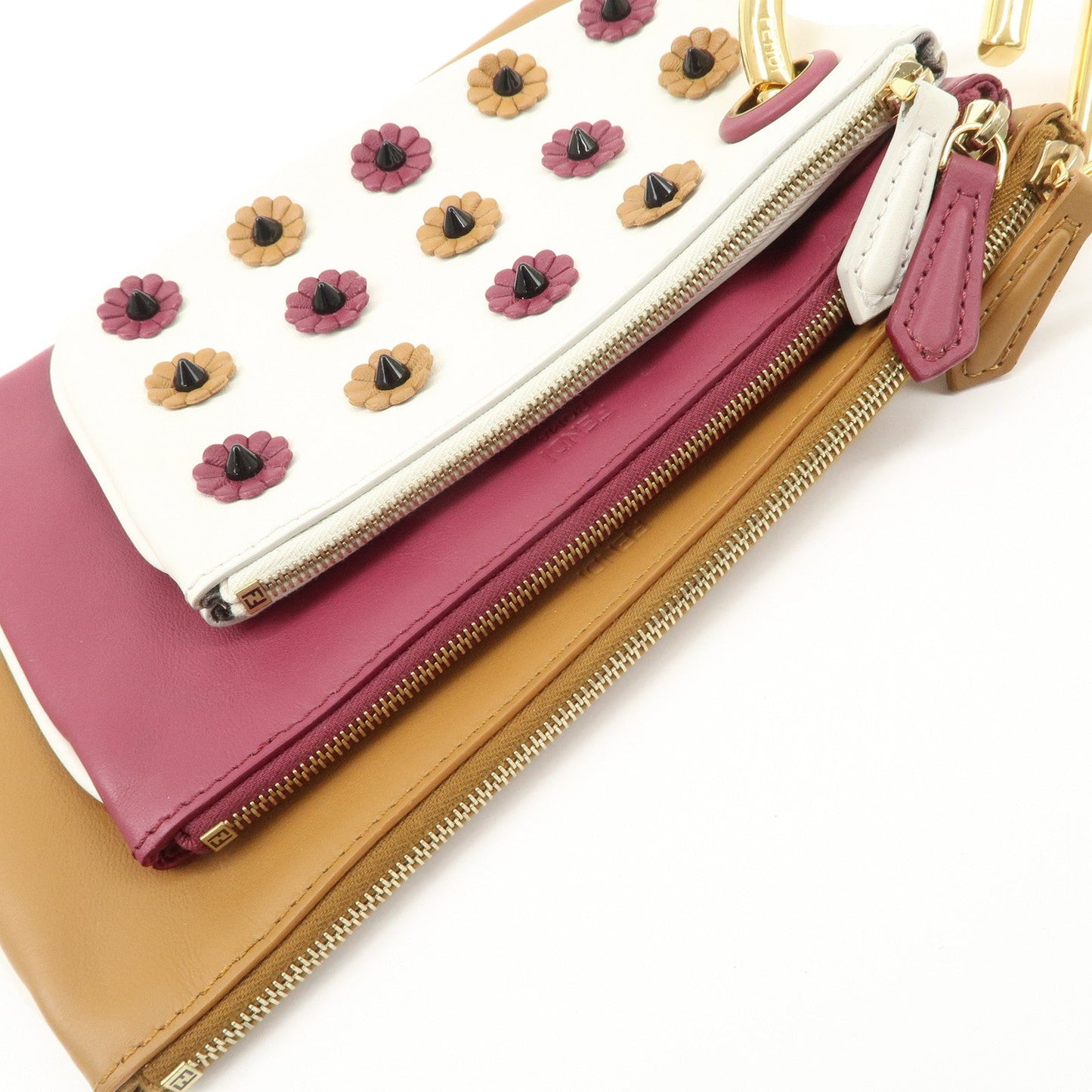FENDI Leather Flower Studs Triplet Pouch Hand Bag 8BS001